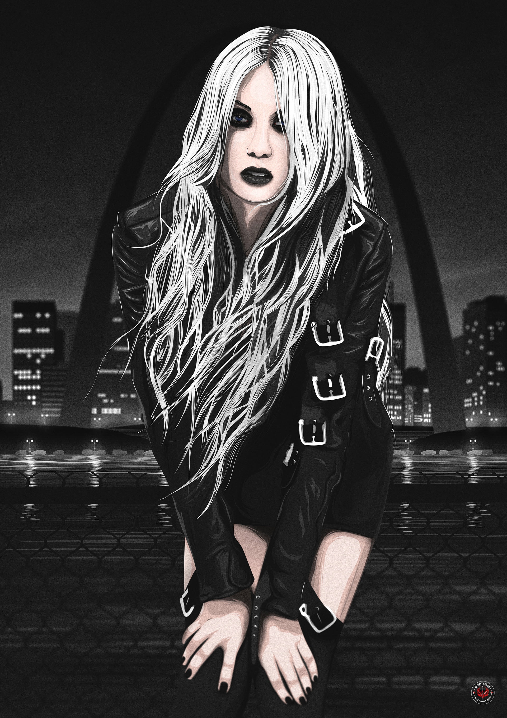 digital art, black jackets, fan art, The Pretty Reckless, Taylor Momsen, blond hair, 2K, music, hands on knees, artwork, Phone HD Wallpaper