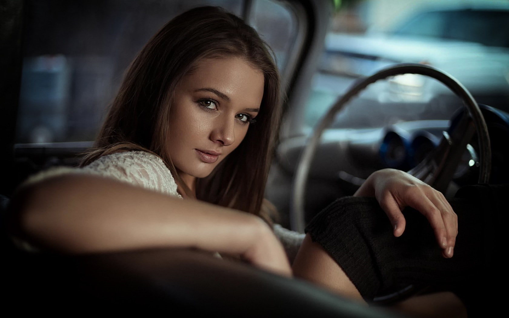 knee-highs, portrait, model, car interior, 720P, brown eyes, face, brunette, looking at viewer, women, hands, long hair, legs, vehicle interiors, HD Wallpaper