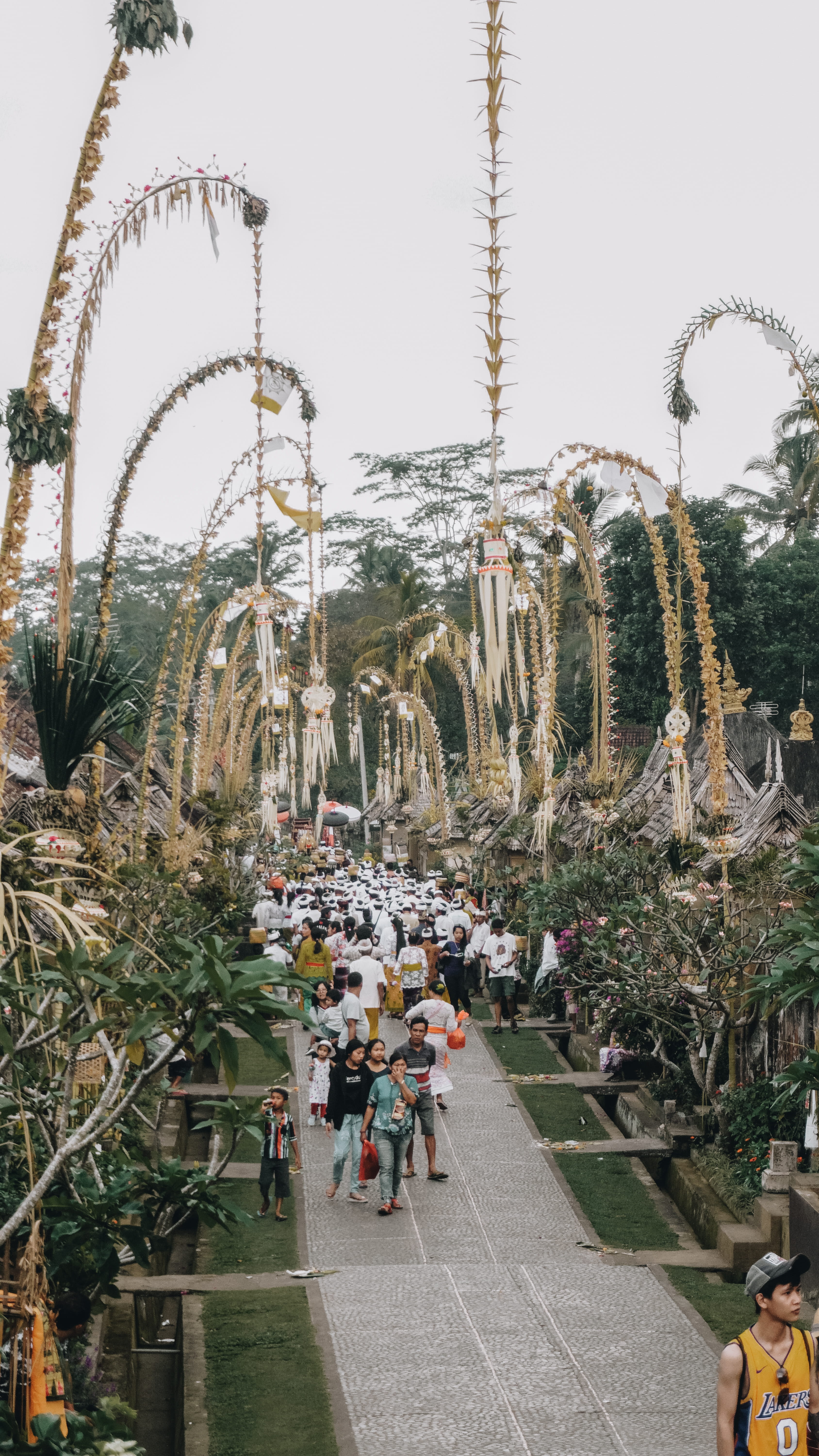 spire, amusement park, crowd, people, person, arbour, day, tree, arecaceae, outdoors, grey, clear sky, group of people, urban, women, penglipuran village, Phone HD Wallpaper