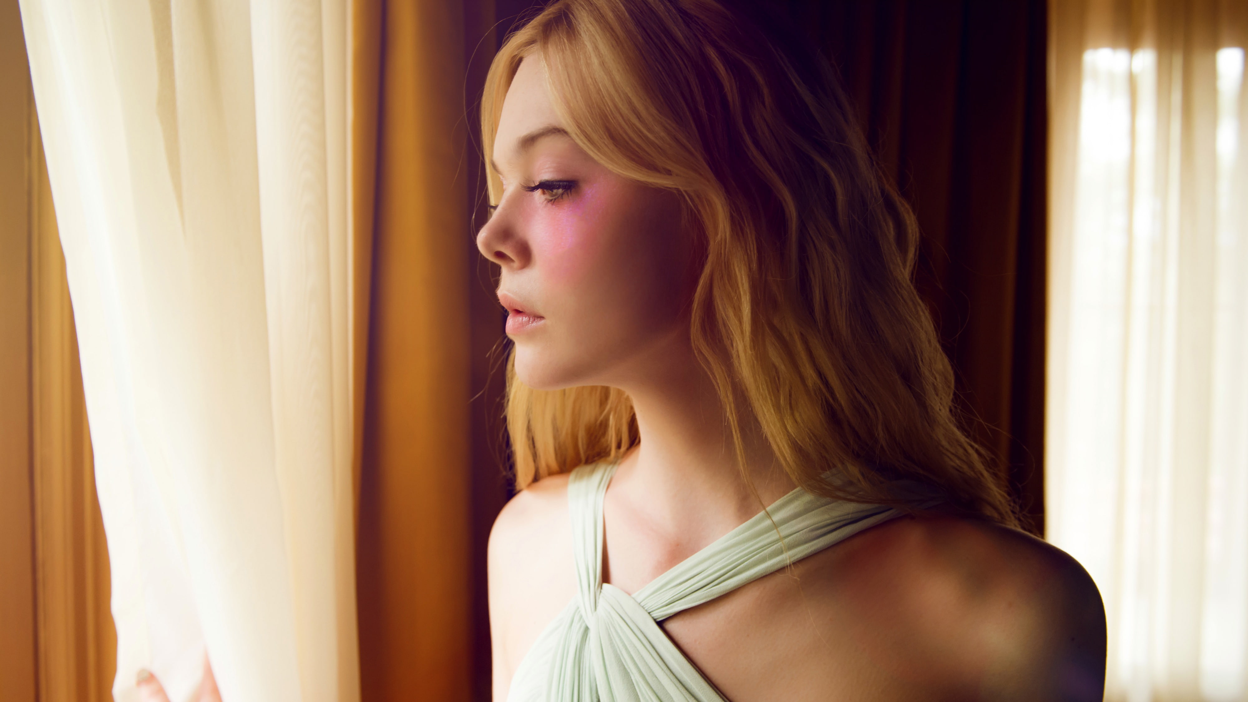 4K, adult, looking, 4K, The Neon Demon, window, young adult, beauty, portrait, young women, long hair, beautiful woman, hairstyle, Elle Fanning, curtain, HD Wallpaper