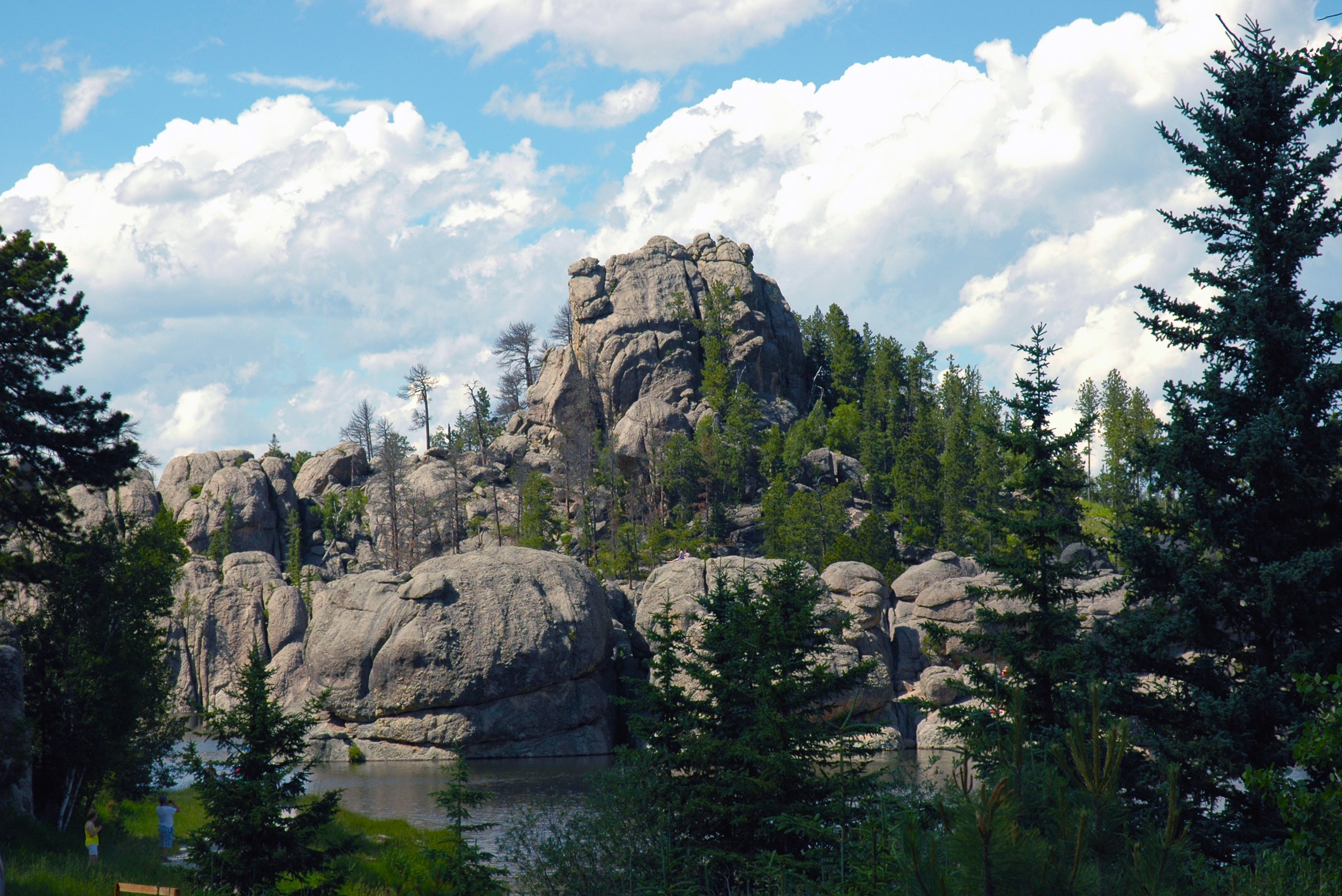 summer, tree, badlands, pond, sylvan, horizontal, boulders, no people, place, natural, sky, clouds, landscape, hills, lake, 2K, land, stones, growth, tranquility, HD Wallpaper