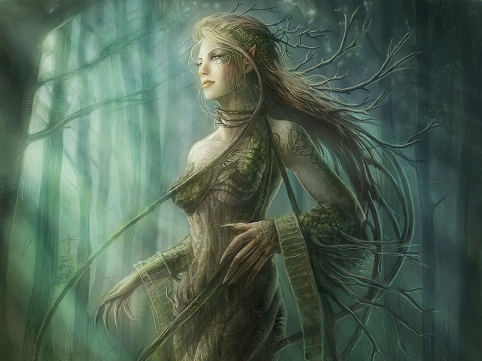 long hair, 720P, beauty, hair, hairstyle, contemplation, environment, females, beautiful woman, forest, sylvan, plant, human hair, green color, wind, nature, HD Wallpaper