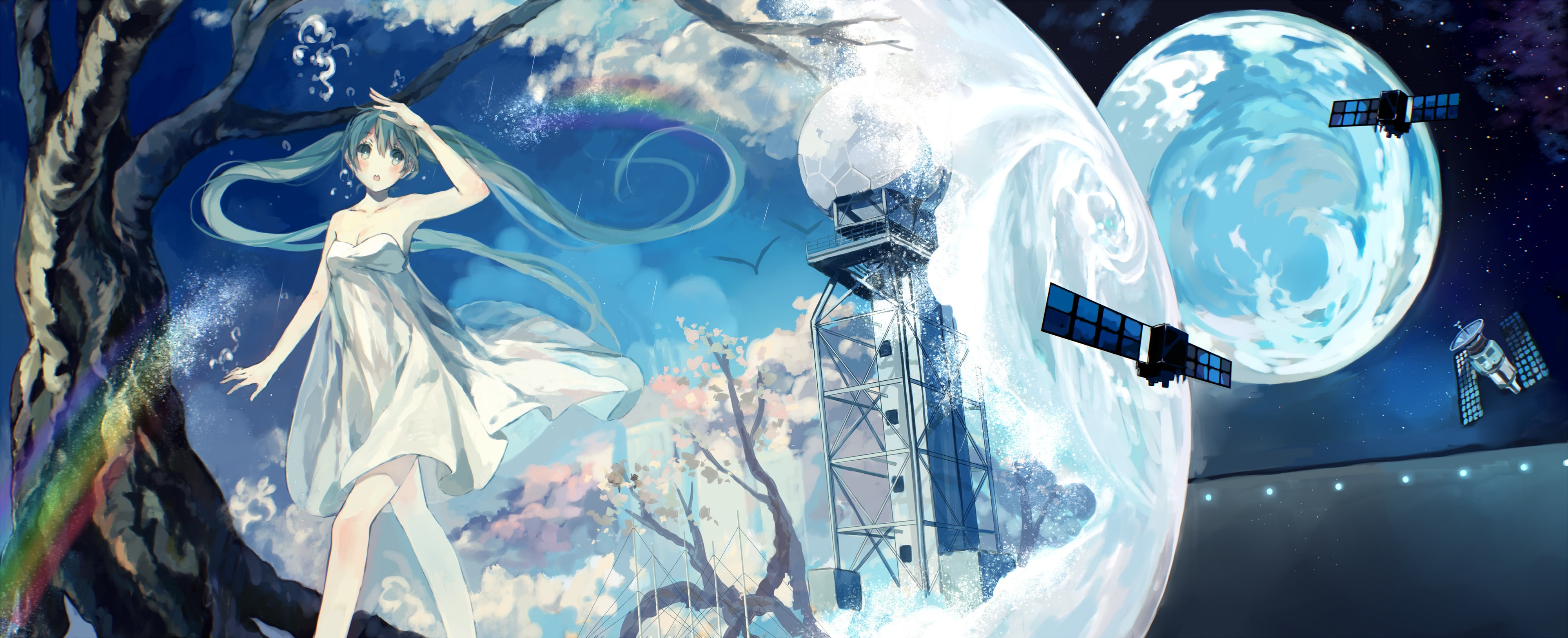arts culture and entertainment, reflection, outdoors, close-up, white, Vocaloid, Hatsune Miku, male likeness, Moon, floral, white dress, panoramic, art and craft, HD Wallpaper