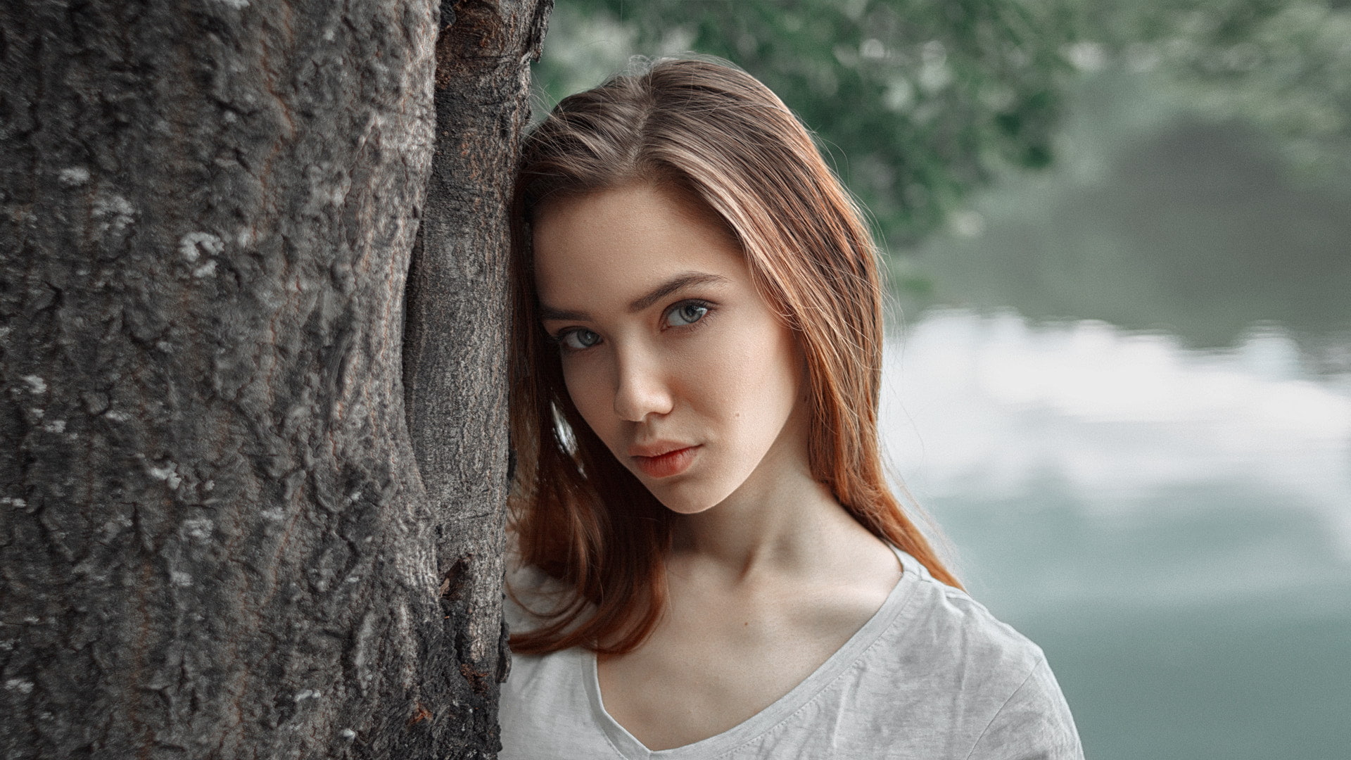 brunette, Andrew Erm, portrait, blue eyes, looking at viewer, face, T-shirt, white clothing, women, 1080P, HD Wallpaper