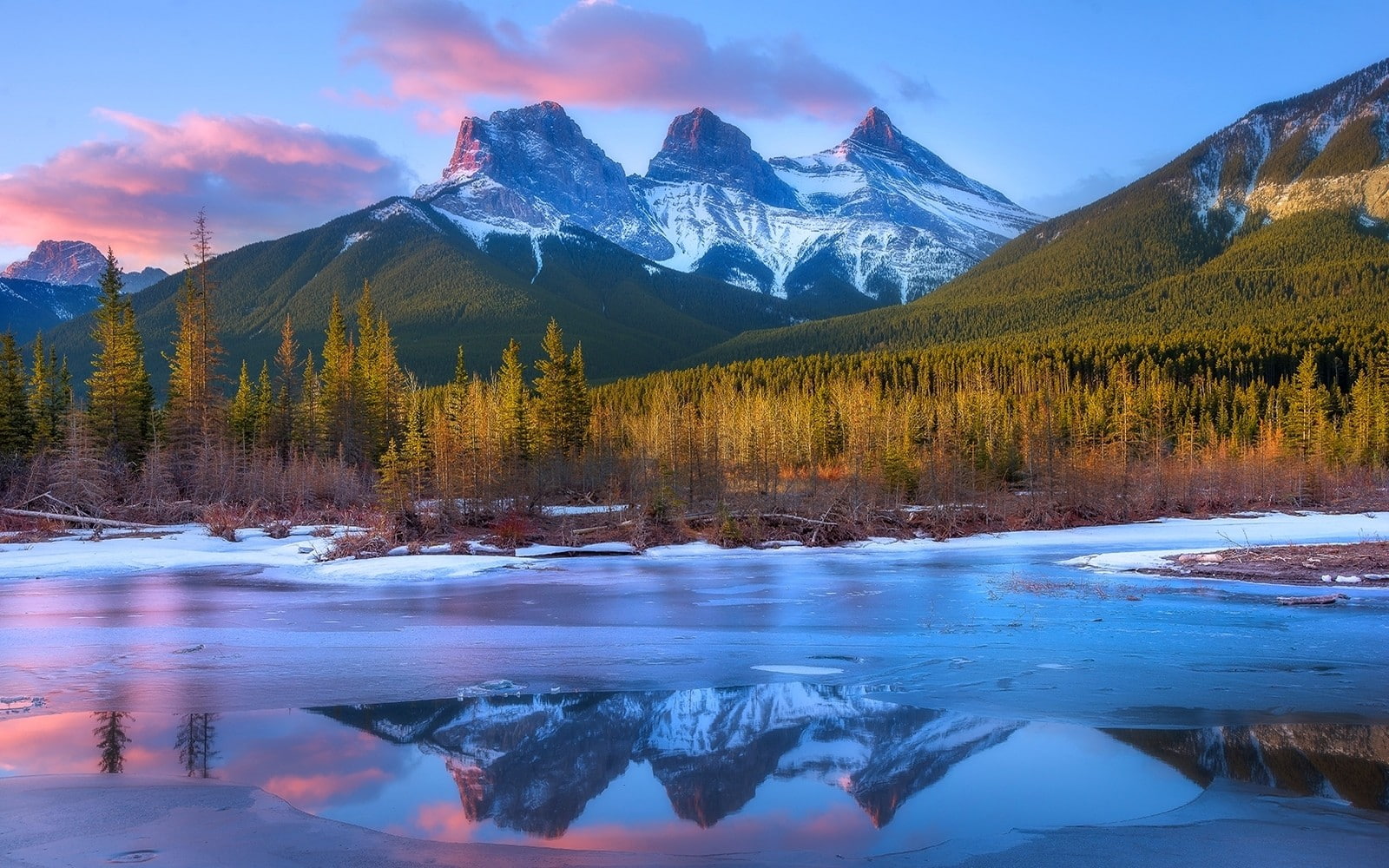 scenics - nature, outdoors, frost, mountain peak, nature, tranquil scene, non-urban scene, river, reflection, beauty in nature, tree, Canada, snowcapped mountain, HD Wallpaper
