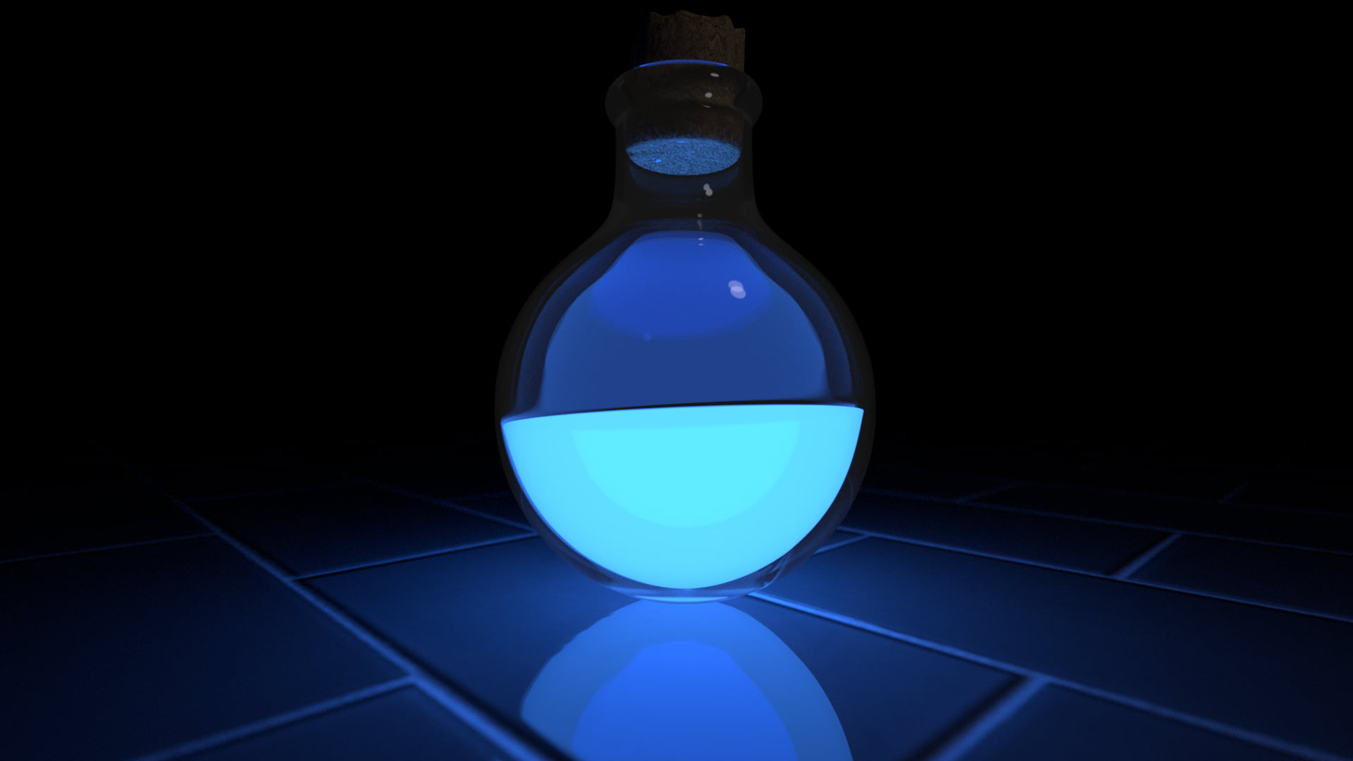 1080P, cyan, dark, digital art, abstract, potions, glowing, glass, fluid, blue, blue light, tiles, HD Wallpaper