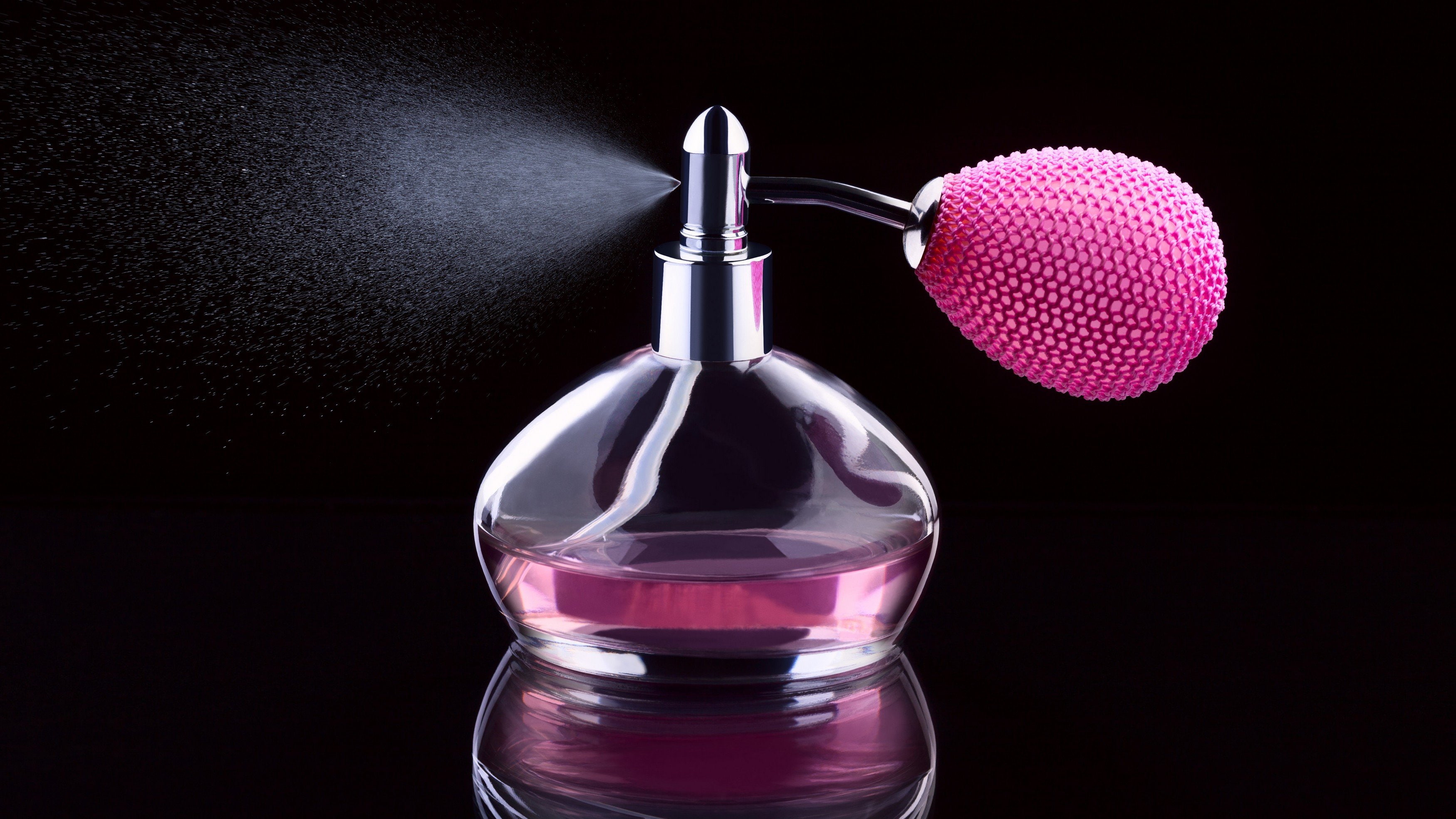 celebration, table, cut out, 2K, no people, potions, bottle, black background, perfume sprayer, luxury, valentines day - holiday, purple, perfume, still life, HD Wallpaper