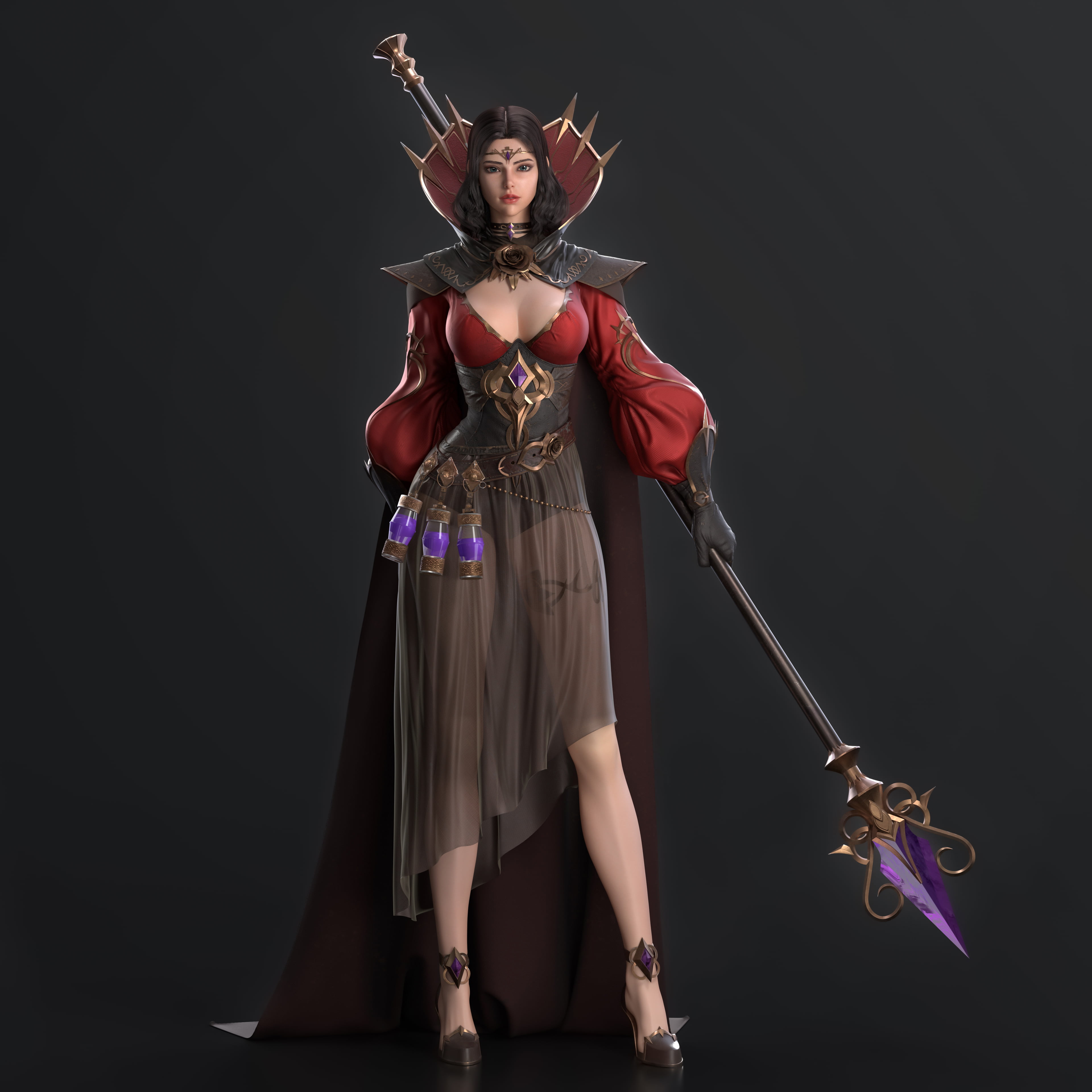 red clothing, dress, 4K, Cifangyi, CGI, robes, blue eyes, staff, potions, dark hair, weapon, women, Phone HD Wallpaper