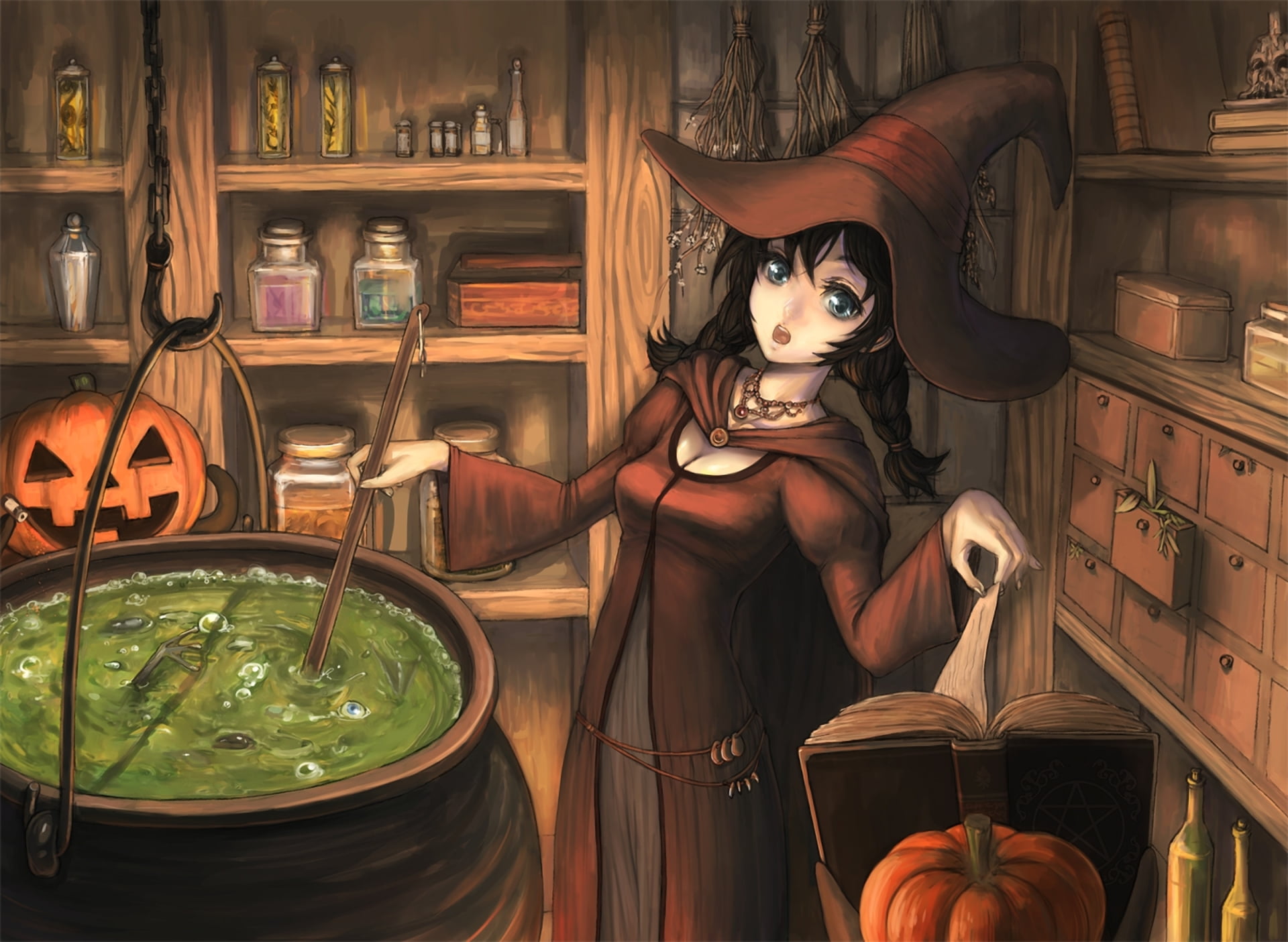 pumpkin, autumn, witch, 1080P, people, real people, brew, representation, digital, kitchen, human skeleton, book, potion, horror, october, cultures, skeleton, HD Wallpaper