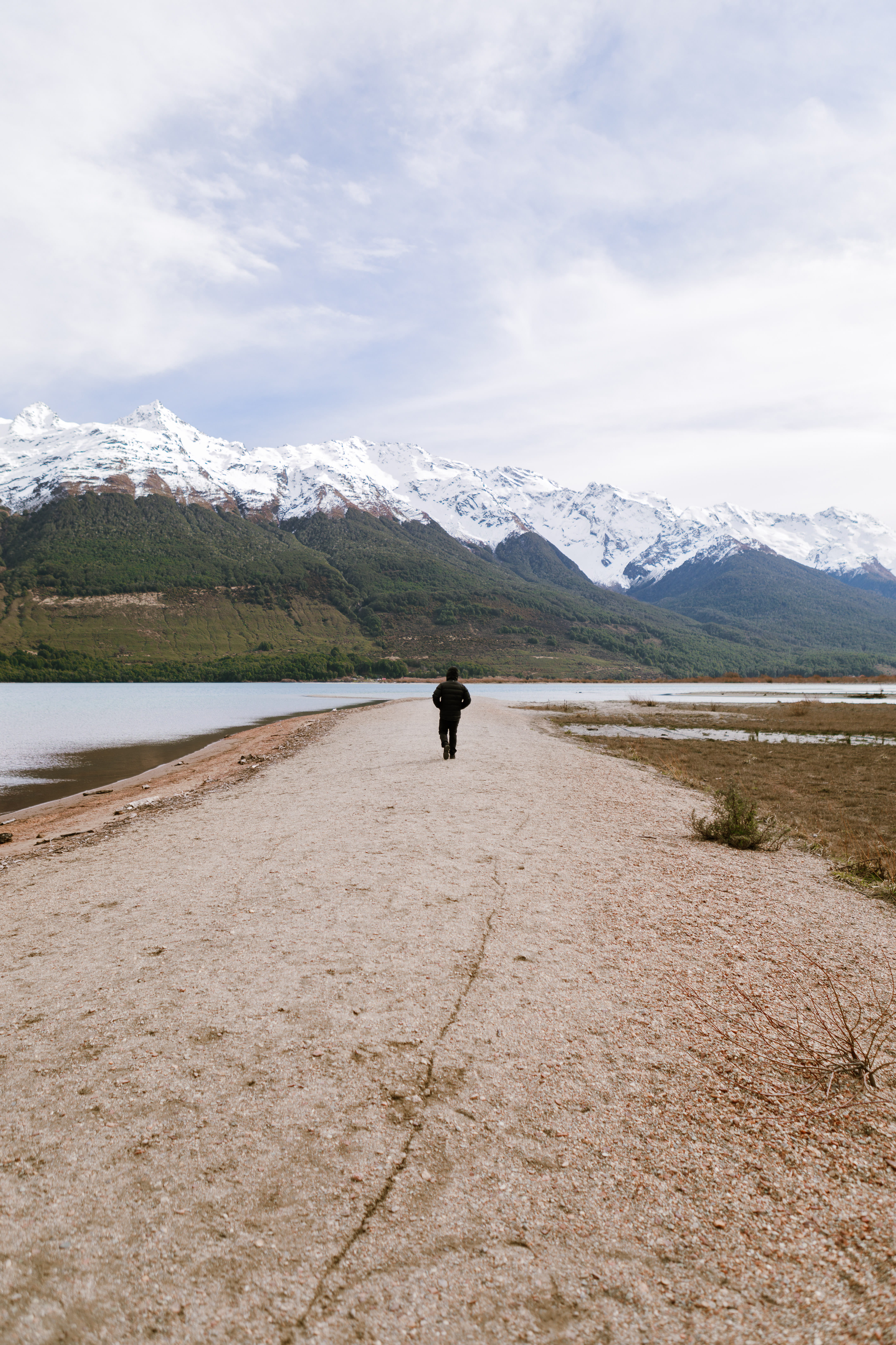scenics - nature, full length, beautiful, rear view, snow capped mountain, hill, pathway, sky, new zealand, grass, outdoors, tranquil scene, snow, daylight, Phone HD Wallpaper