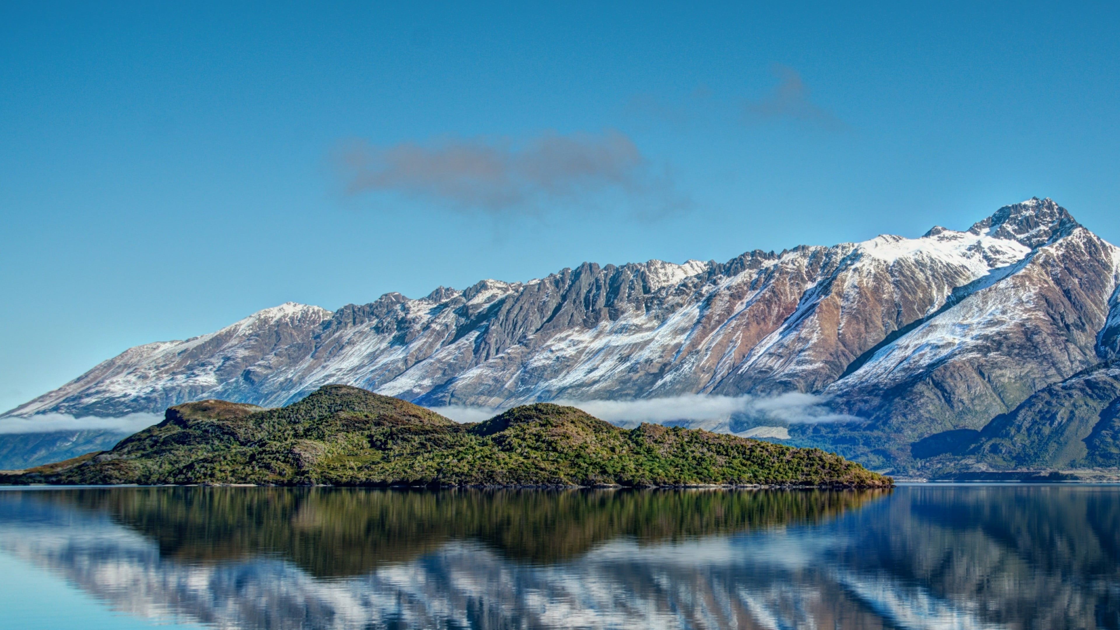 mountain range, beauty in nature, blue sky, daytime, lake, wakatipu, snow, morning, pigeon island, outdoors, formation, water, mount scenery, cold temperature, HD Wallpaper