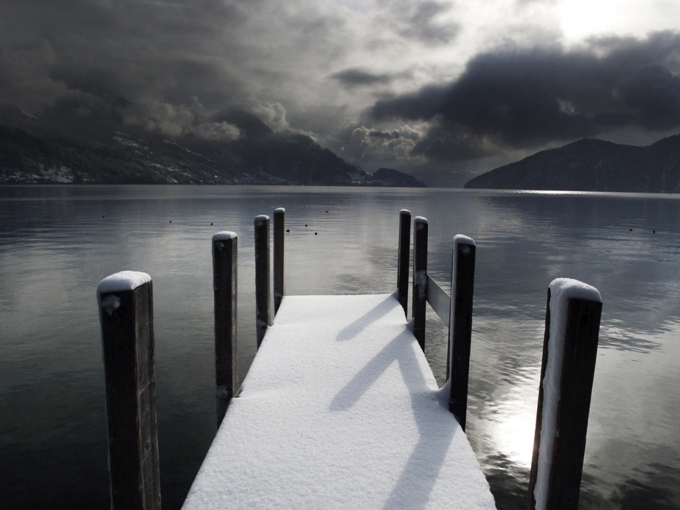 water, mirror, mountains, hills, pier, photography, bridge, snow, 720P, winter, lake, HD Wallpaper