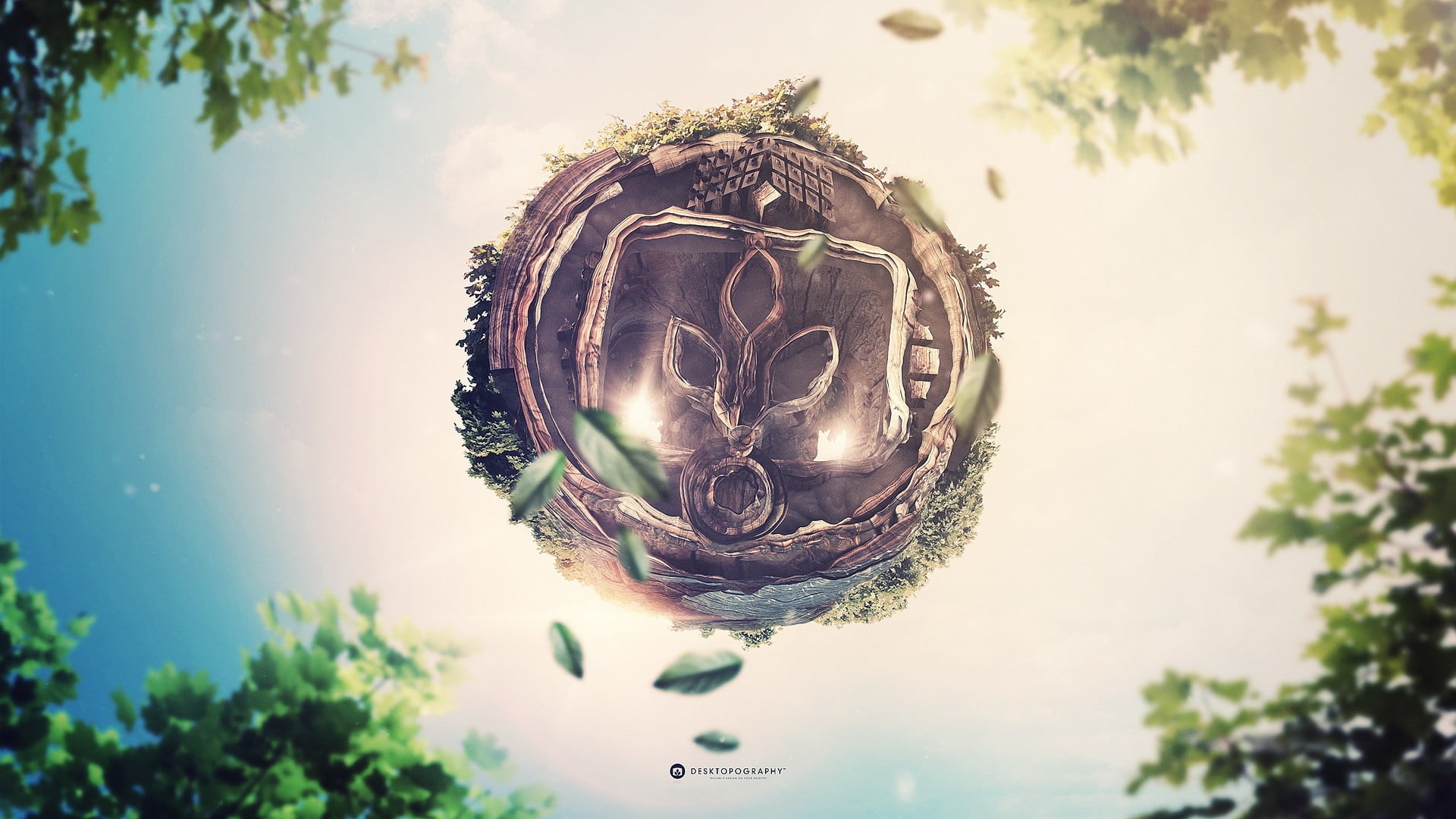 green, round, Desktopography, digital composite, reflection, tree, circle, decor, sphere, focus on foreground, brown, close-up, leaves, art and craft, growth, HD Wallpaper
