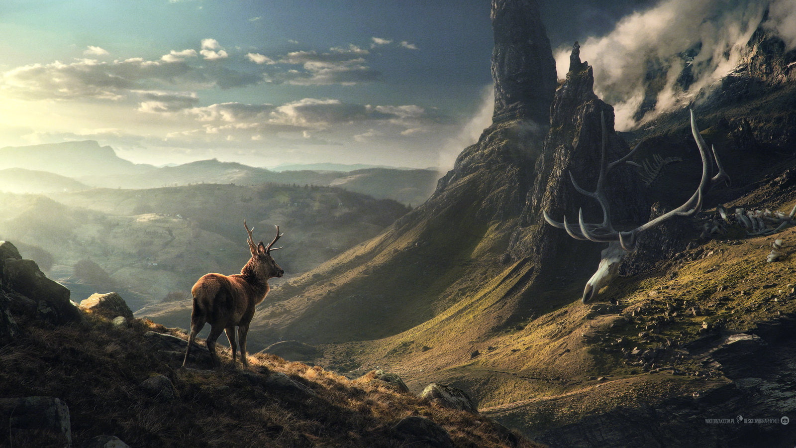 deer, sky, mountains, Desktopography, 720P, HD Wallpaper