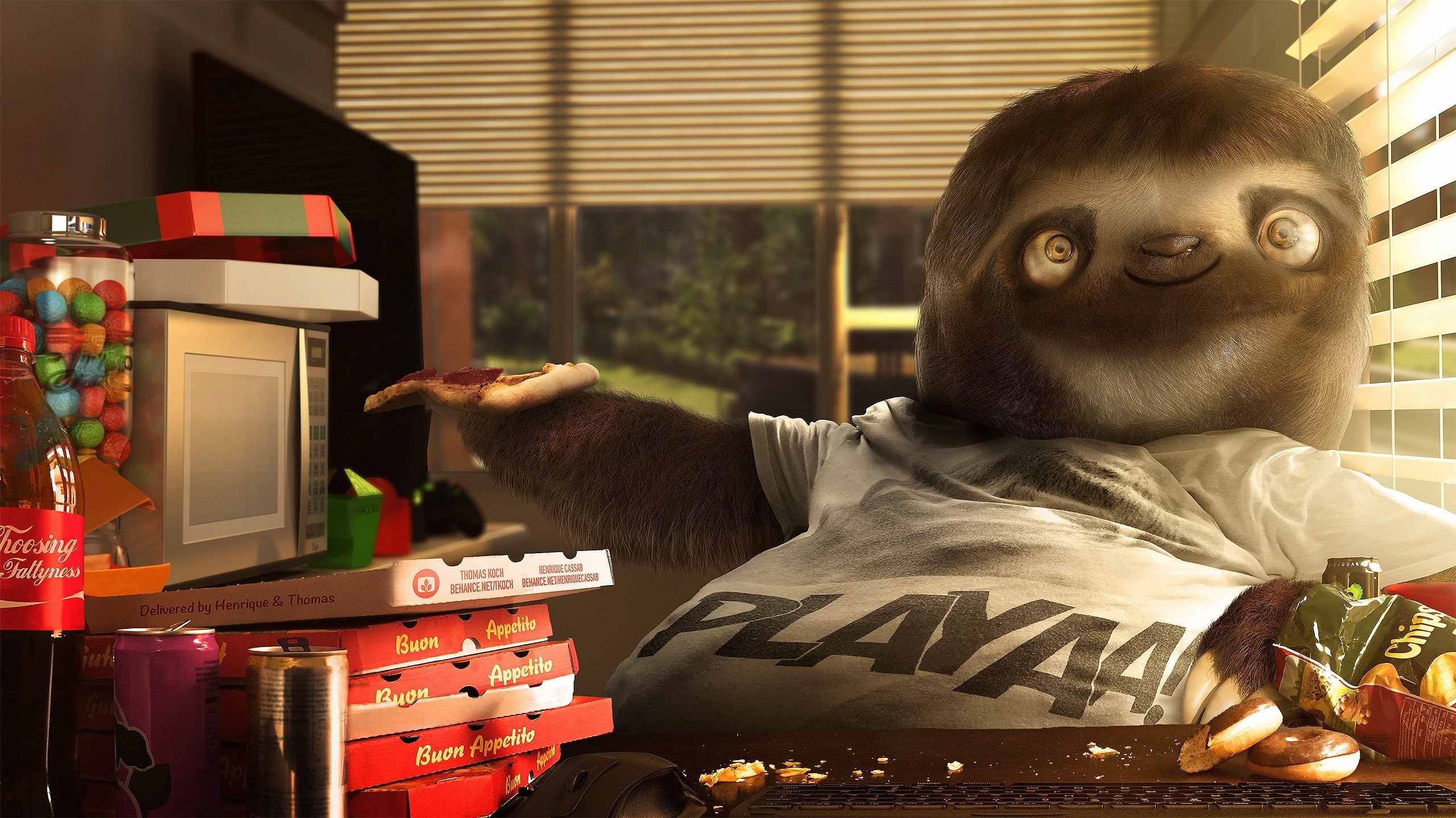 playaa, 2K, sloths, pizza, Desktopography, digital art, lazy, HD Wallpaper