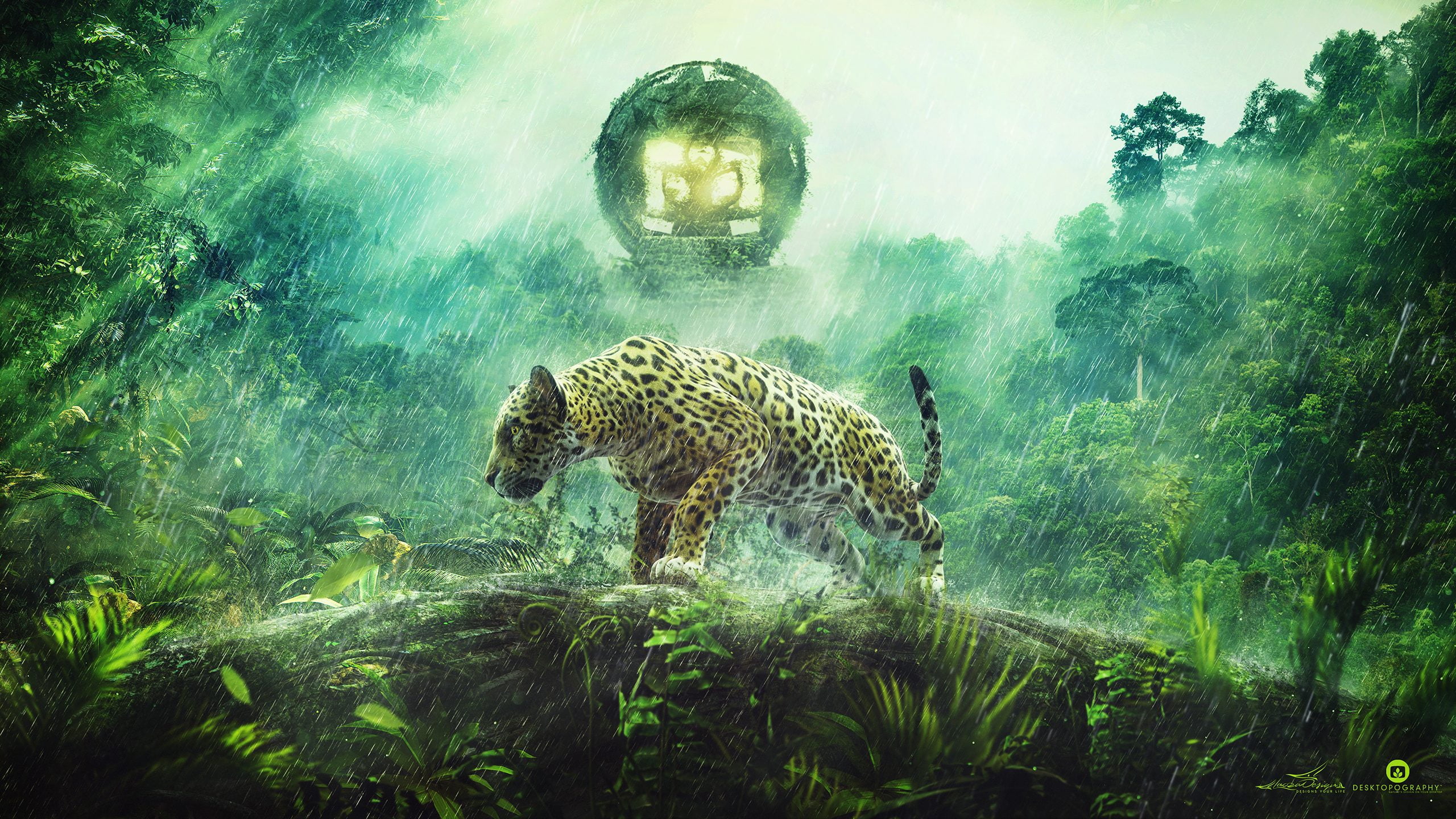 mammal, animal, rain, nature, Jaguar, water, group of animals, tree, 2K, underwater, Photoshop, animals in the wild, land, sun rays,   digital , plants, HD Wallpaper