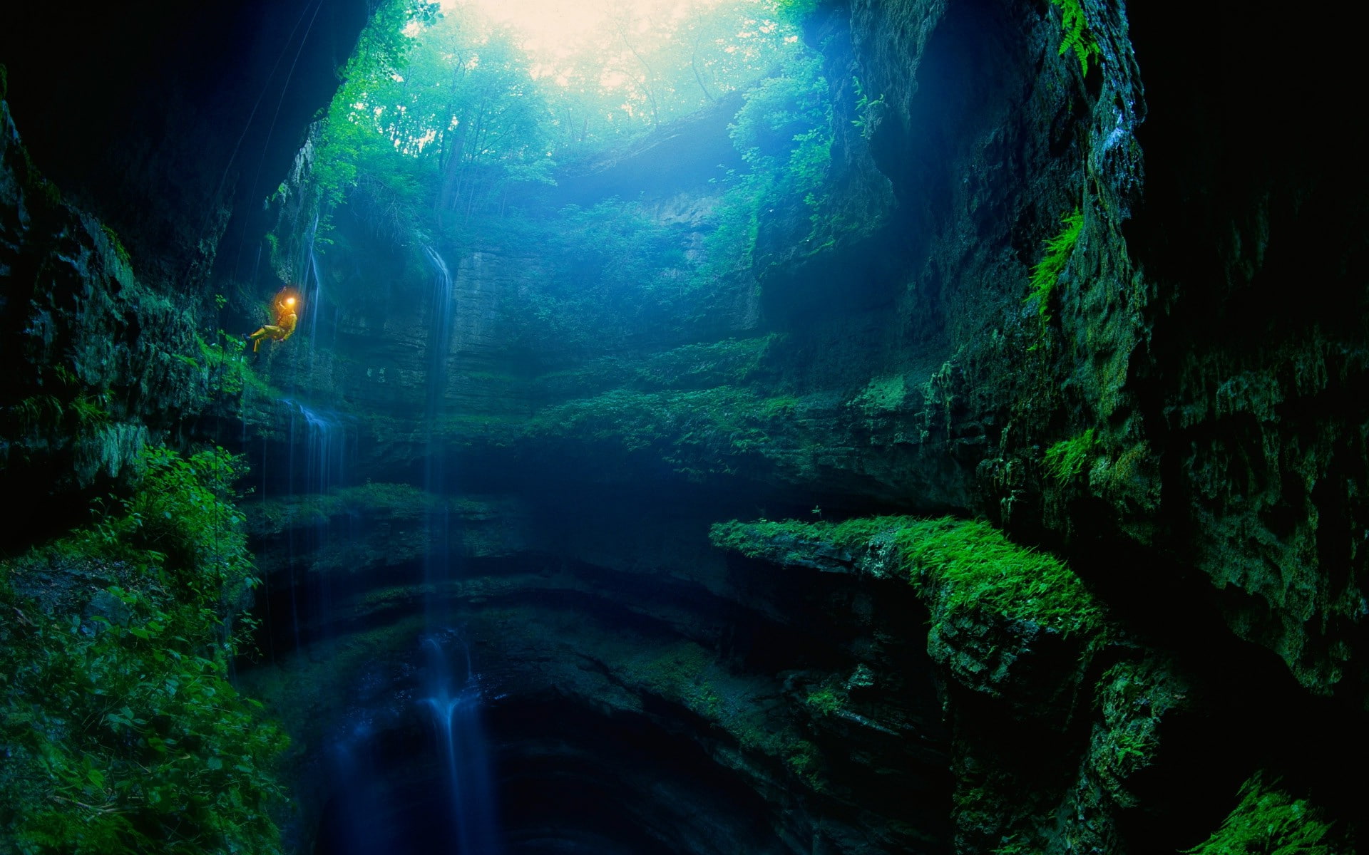 mist, water, landscape, scenics - nature, plant, cave, outdoors, rock, Spelunking, Pit, rock - object, Limestone, day, land, Climbing, tree, walls, Green, HD Wallpaper