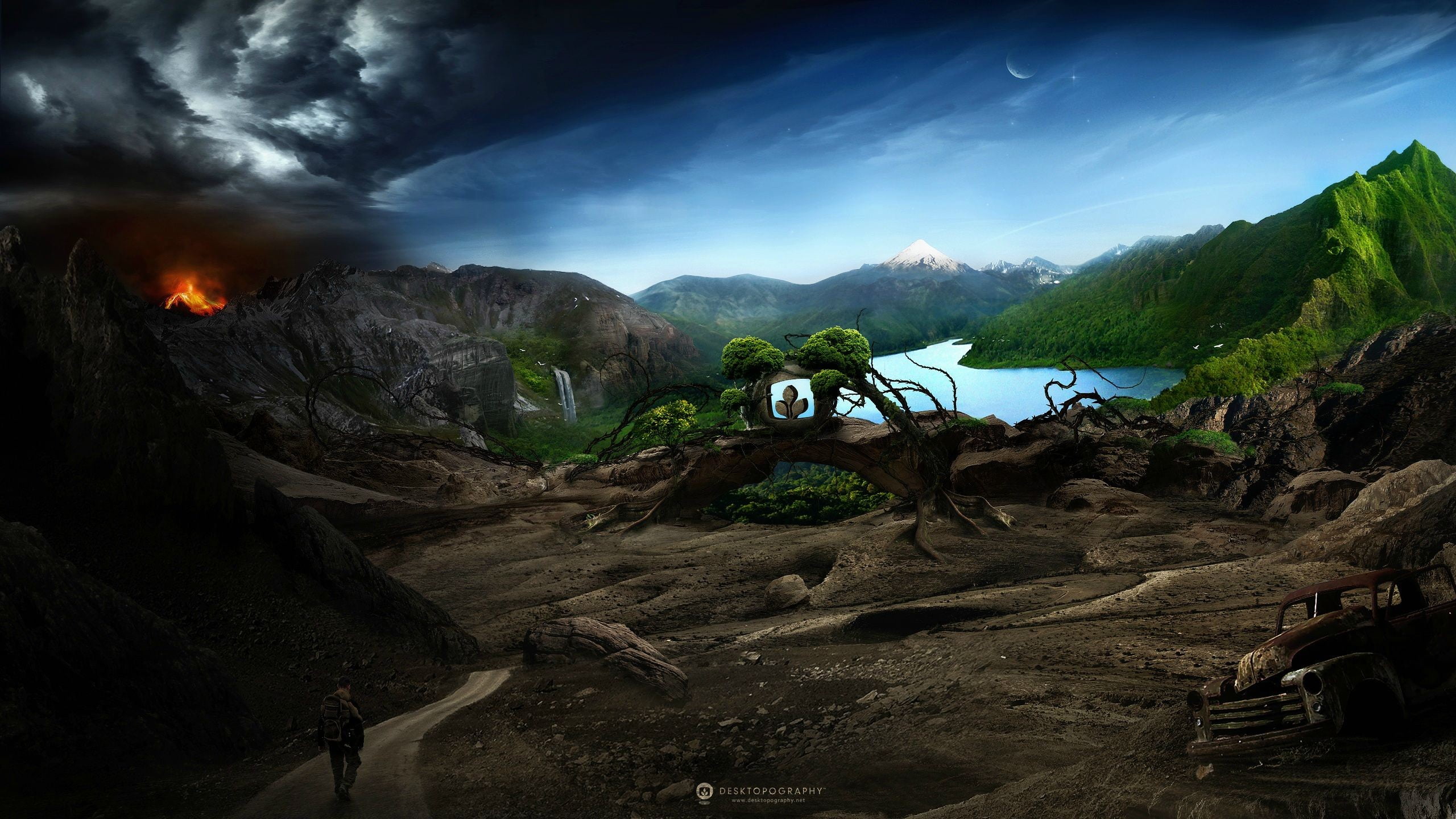 mountain, scenics - nature, power in nature, planet, volcano, digital, old car, landscape, water, land, outdoors, environment, sky, tranquility, tree, mountains, HD Wallpaper