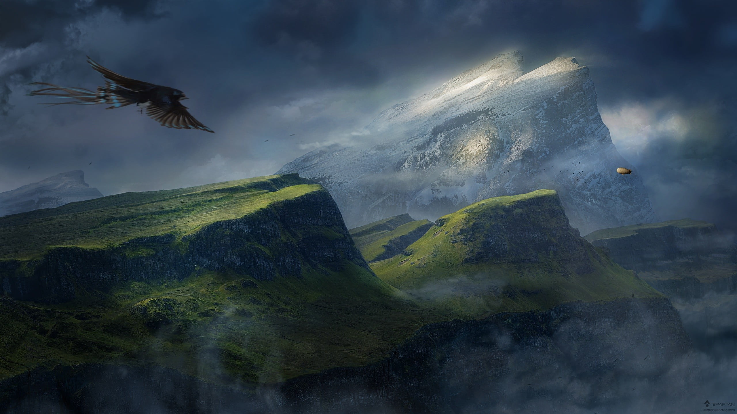 mountains, nature, animals, beauty in nature, animals in the wild, sky, white, landscape, green, one animal, illustration, Desktopography, spread wings, HD Wallpaper