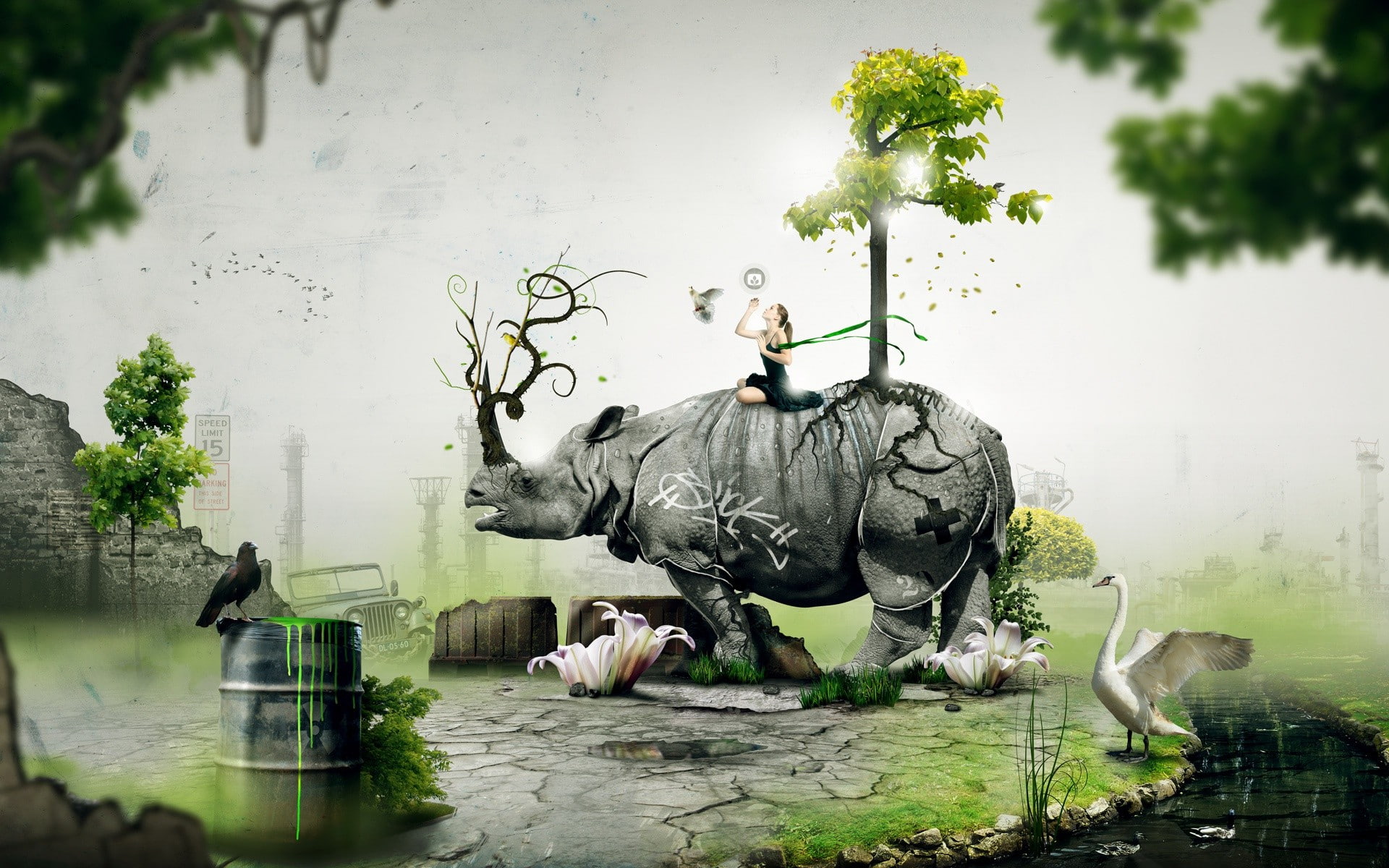 rhino, Desktopography, digital art, nature, 1080P, animals, HD Wallpaper
