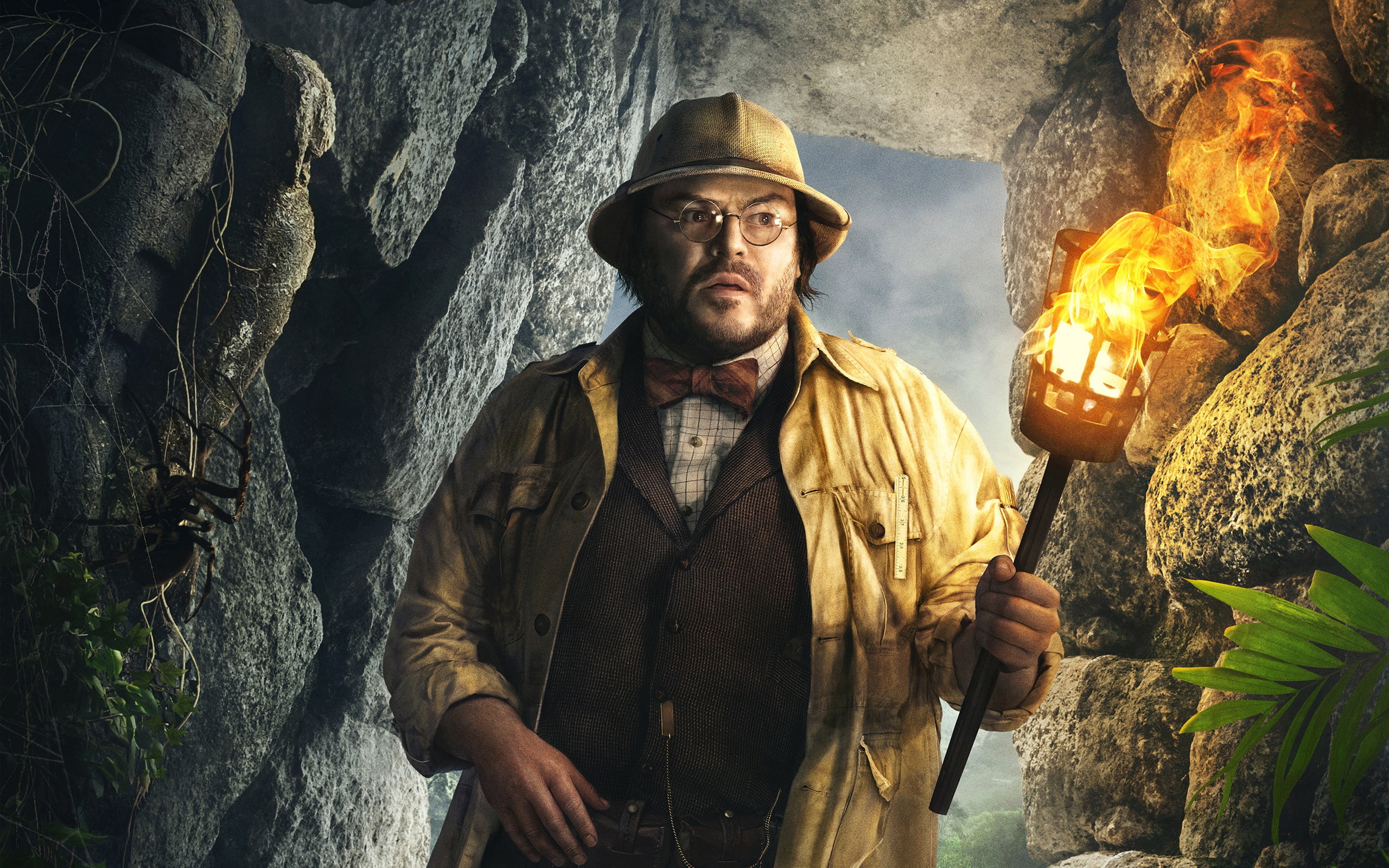 costume, the grotto, jacket, adventure, 2K, Jumanji: Welcome to the Jungle, glasses, stones, fantasy, cave, hat, Jumanji: the jungle, torch, poster, Professor, HD Wallpaper