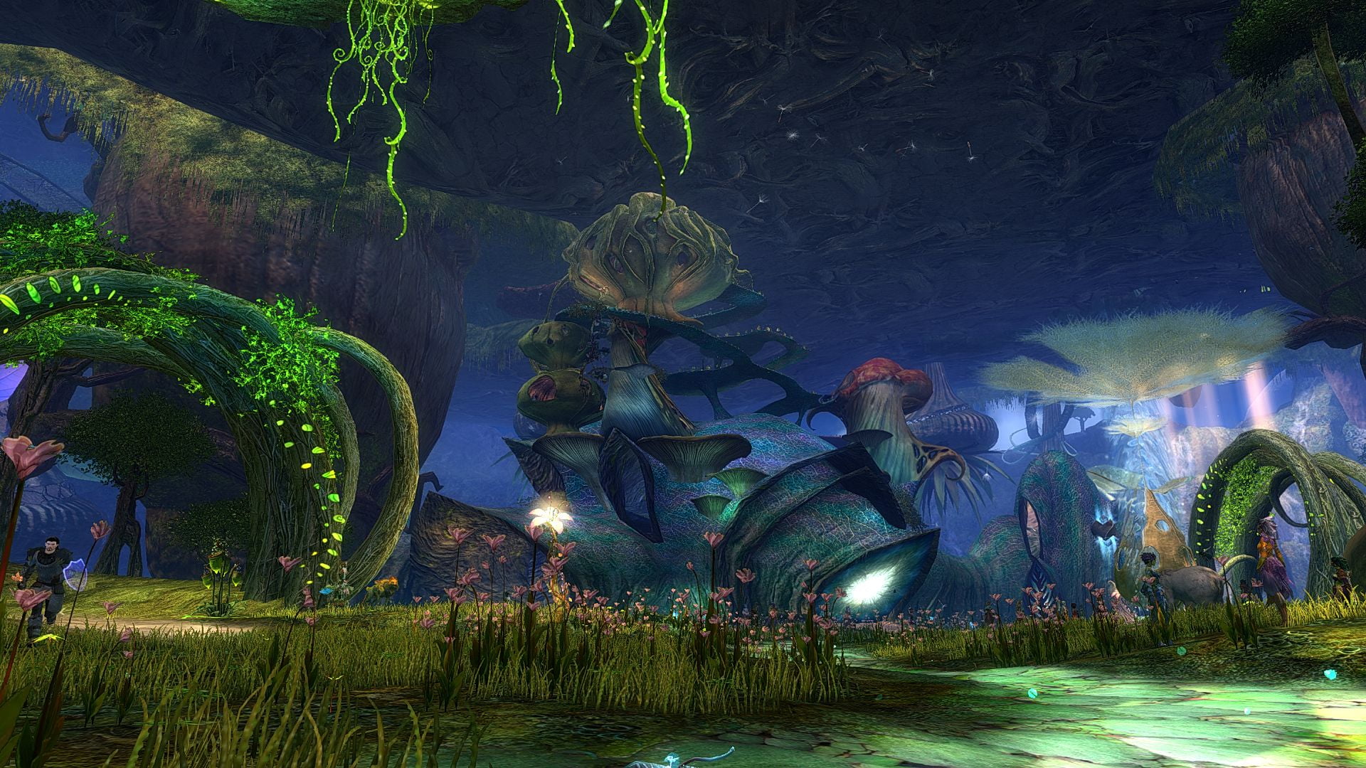 video games, representation, water, screen shot, plant, tree, tranquility, forest, sculpture, night, illuminated, statue, 1080P, pond, green color, HD Wallpaper