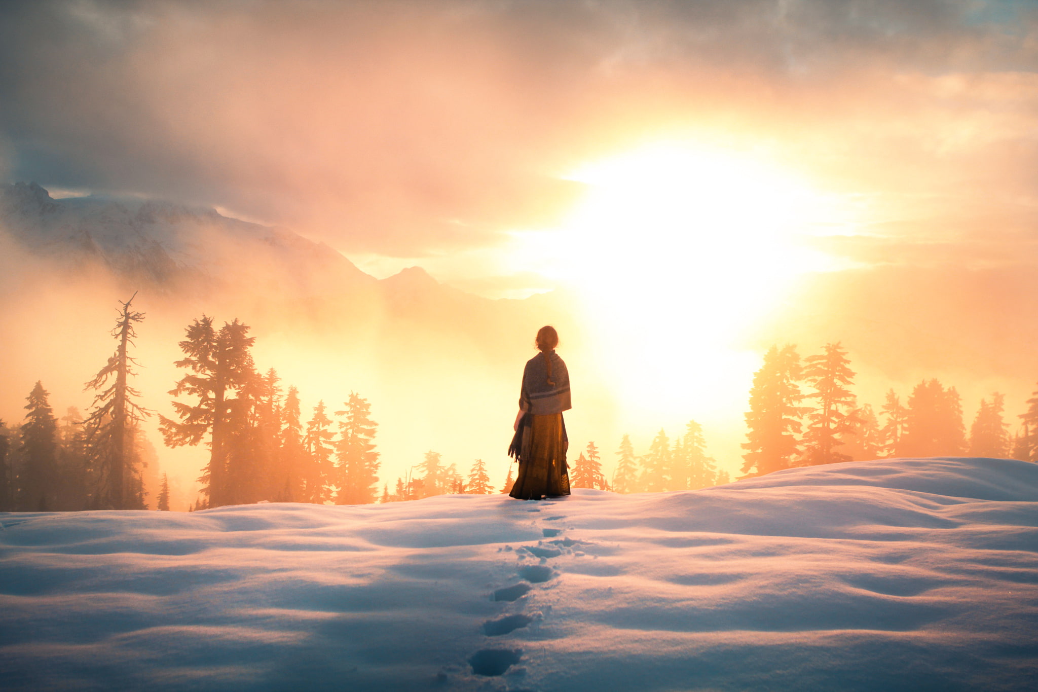 mountains, girl, the sun, Arise, 1080P, snow, view, Lizzy Gadd, HD Wallpaper