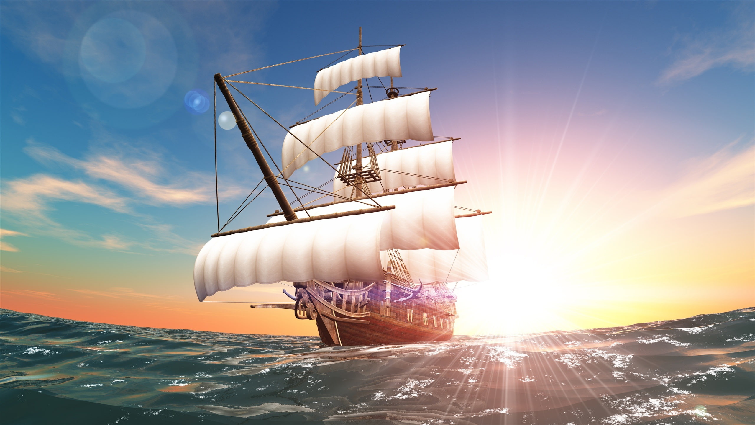 Sun, Rays, 2K, Ship, Sea, Sail, HD Wallpaper