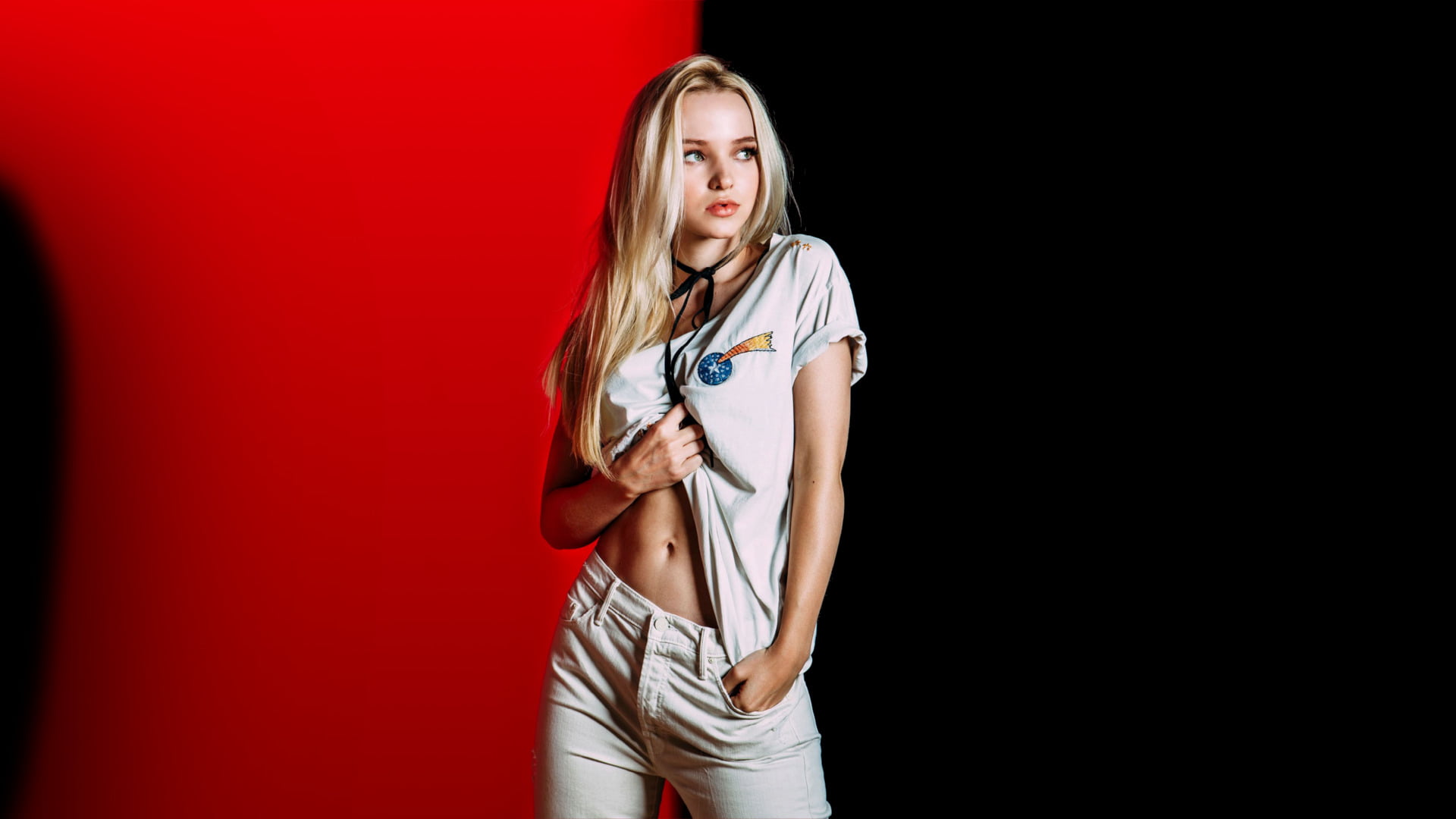 black background, standing, young adult, Dove Cameron, one person, portrait, shorts, looking at camera, women, young women, Woman, indoors, 1080P, straight hair, HD Wallpaper