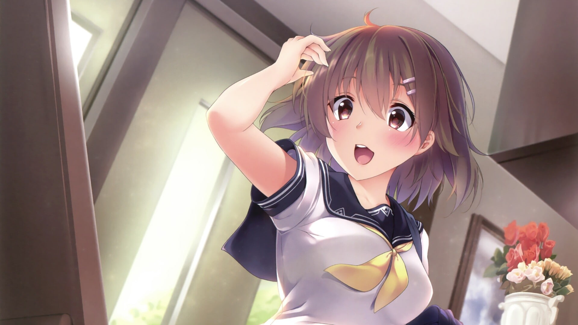 1080P, school uniform, anime, anime girls, solo, HD Wallpaper