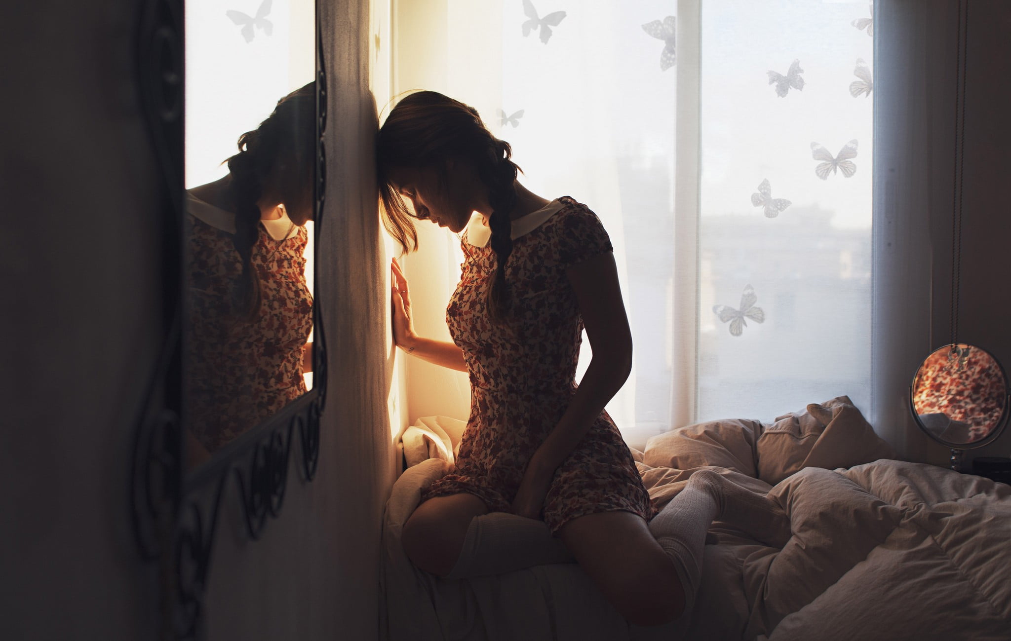 women, reflection, bedroom, casual clothing, brunette, lifestyles, three quarter length, contemplation, full length, 1080P, adult, bed, window, young adult, HD Wallpaper