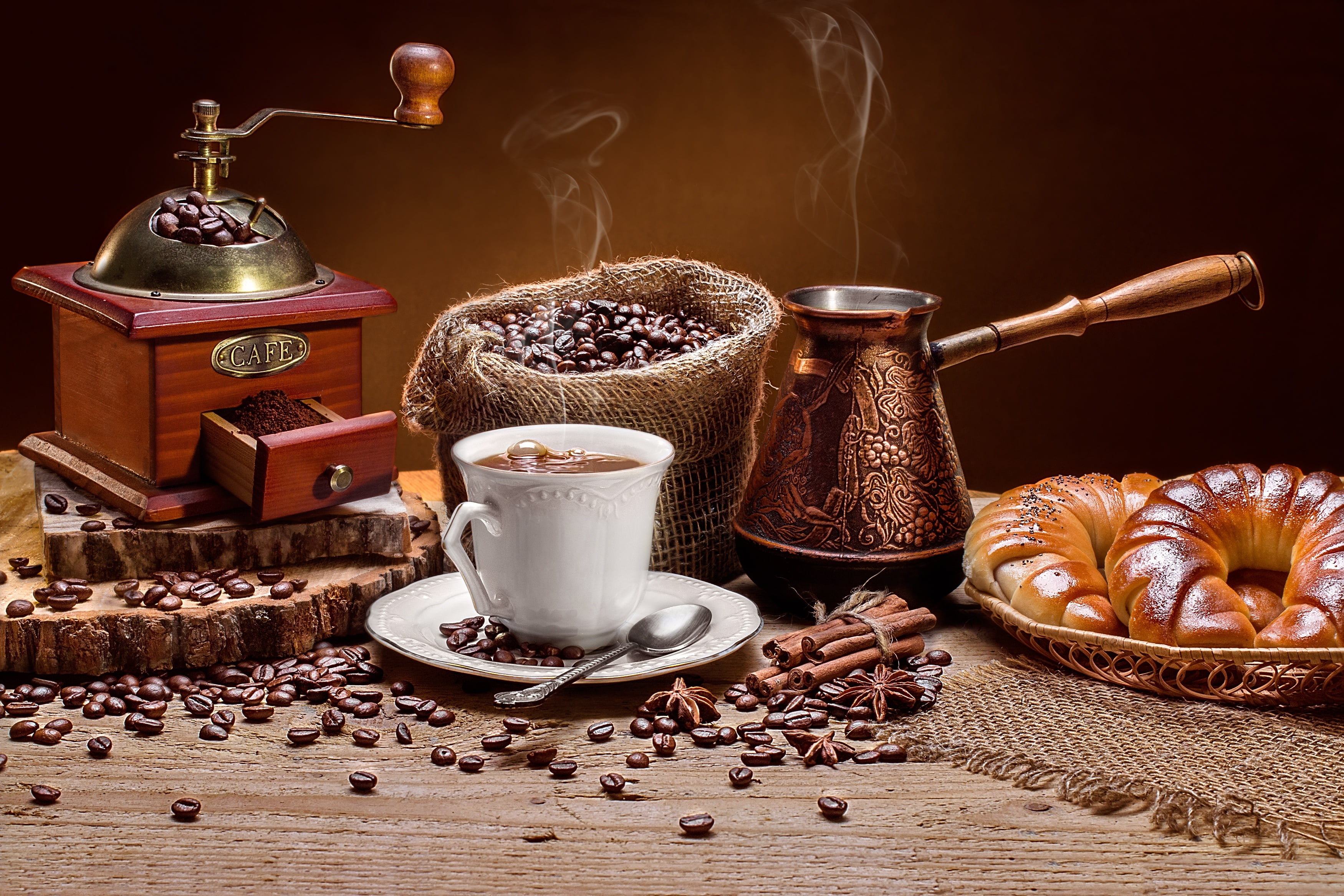 bun, 2K, coffee, grain, Turk, Cup, coffee grinder, HD Wallpaper