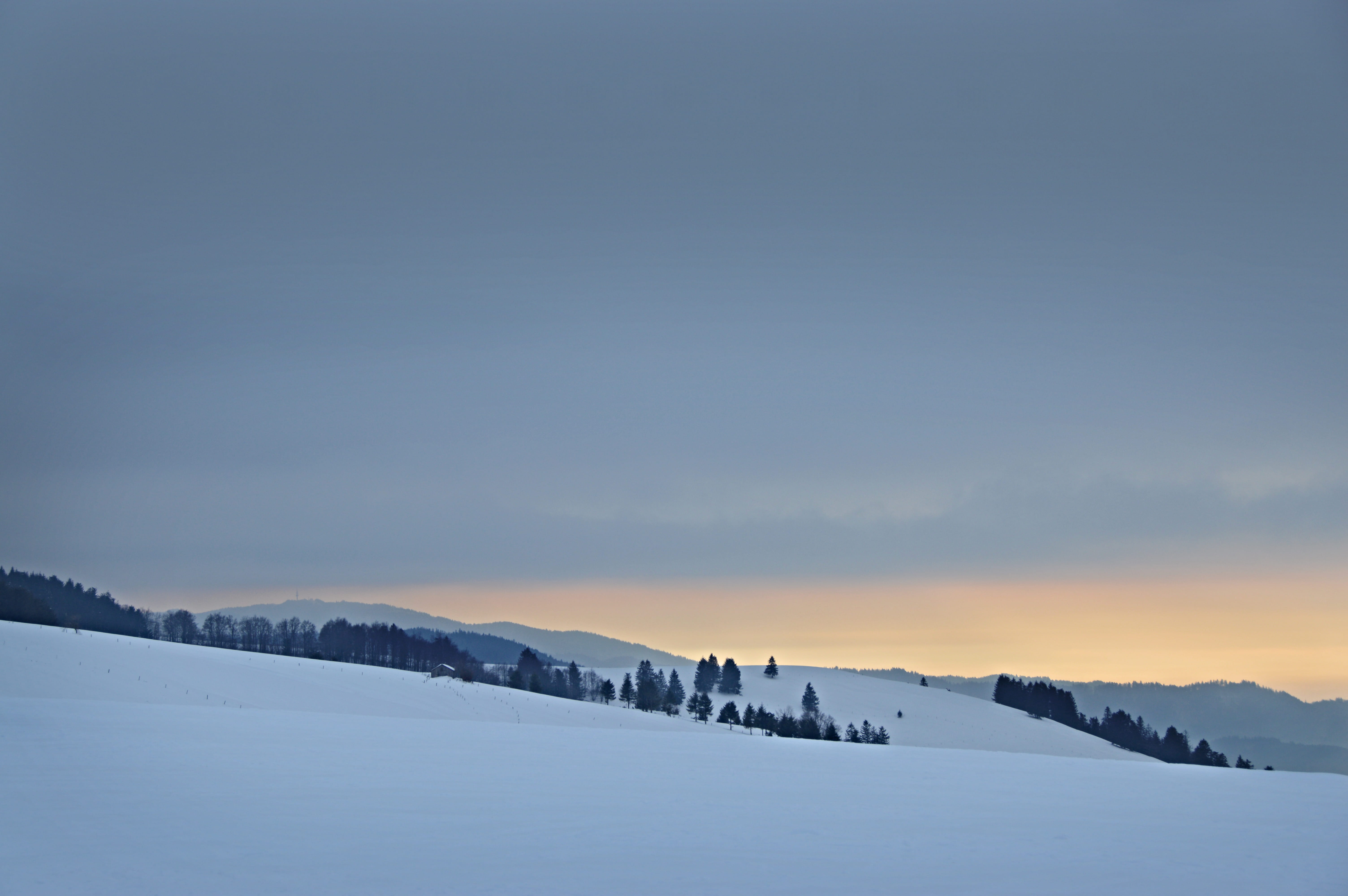 sunset, fir, cold temperature, sky, scenery, landscape, steeple, no people, nature, idyllic, day, abies, covering, scenics - nature, tree, mountain, building, HD Wallpaper