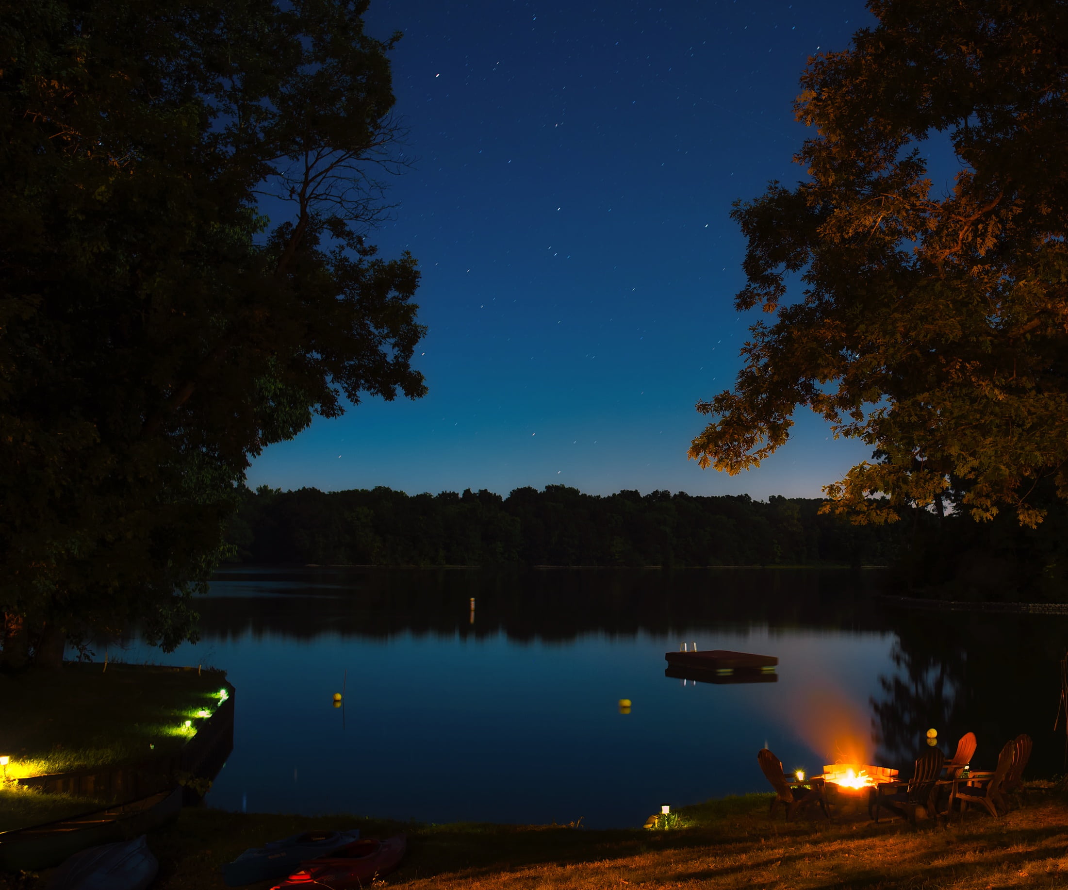 scenics - nature, night, sky, silhouettes, scenics, rural, lakeshore, nature, trees, hdr, no people, body, illinois, tranquil scene, holiday, bonfire, stars, HD Wallpaper