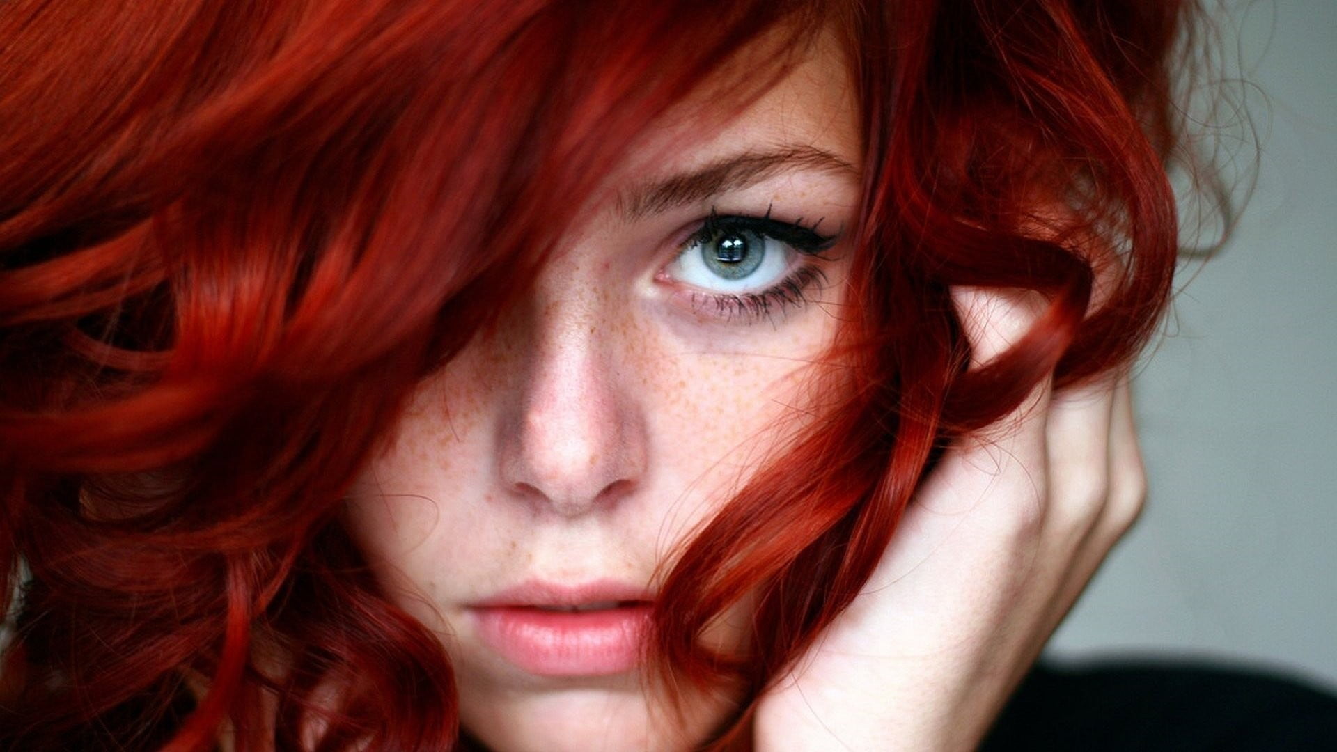 beautiful woman, indoors, body part, 1080P, adult, emotion, depression - sadness, headshot, women, dyed red hair, blue eyes, looking at camera, bangs, HD Wallpaper