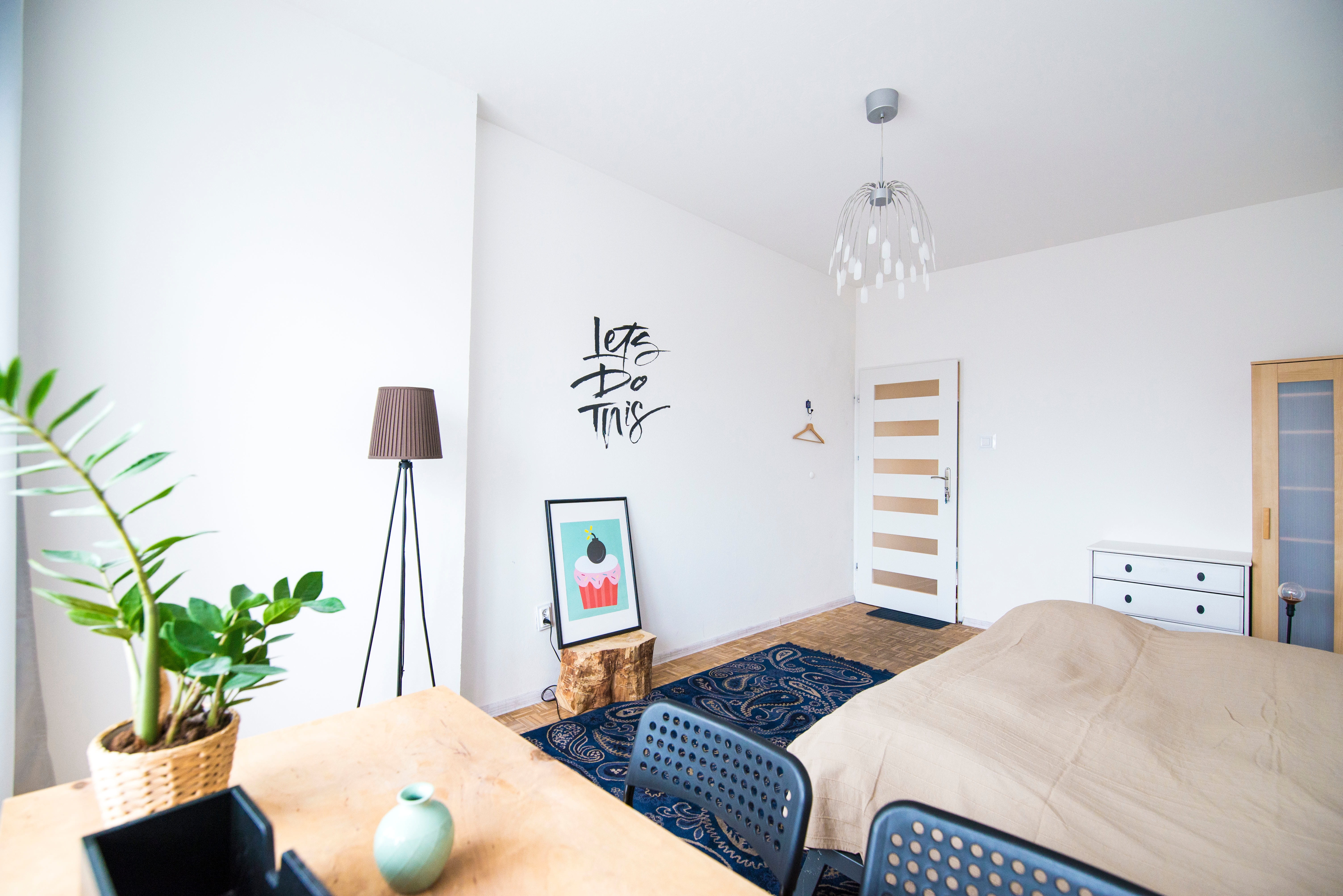 houseplant, bedroom, 5K, domestic room, furniture, bed, wooden, frame, dining, rectangular, modern, luxury, lampshade, table, absence, near, technology, HD Wallpaper