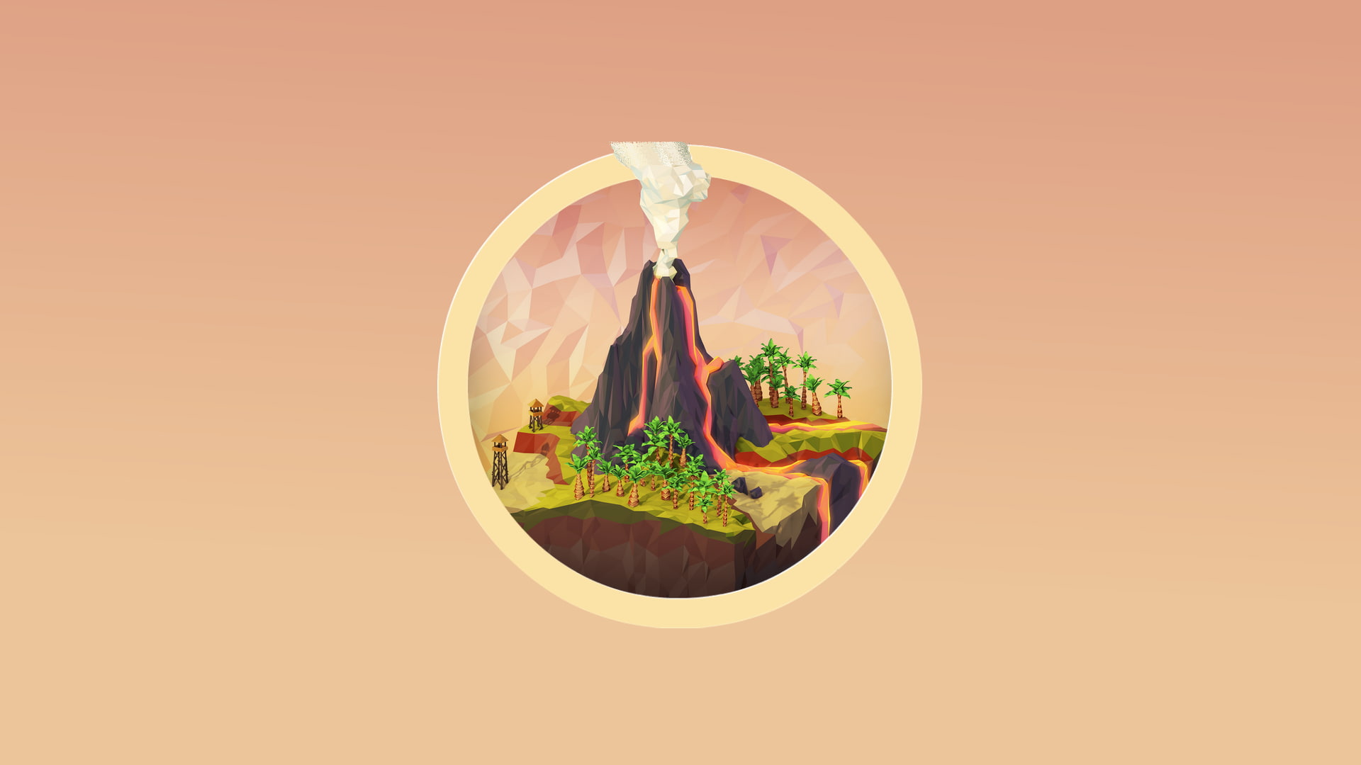 digital art, lava, minimalism, nature, smoke, low poly, tower, simple background, circle, eruption, palm trees, 1080P, volcano, shapes, HD Wallpaper