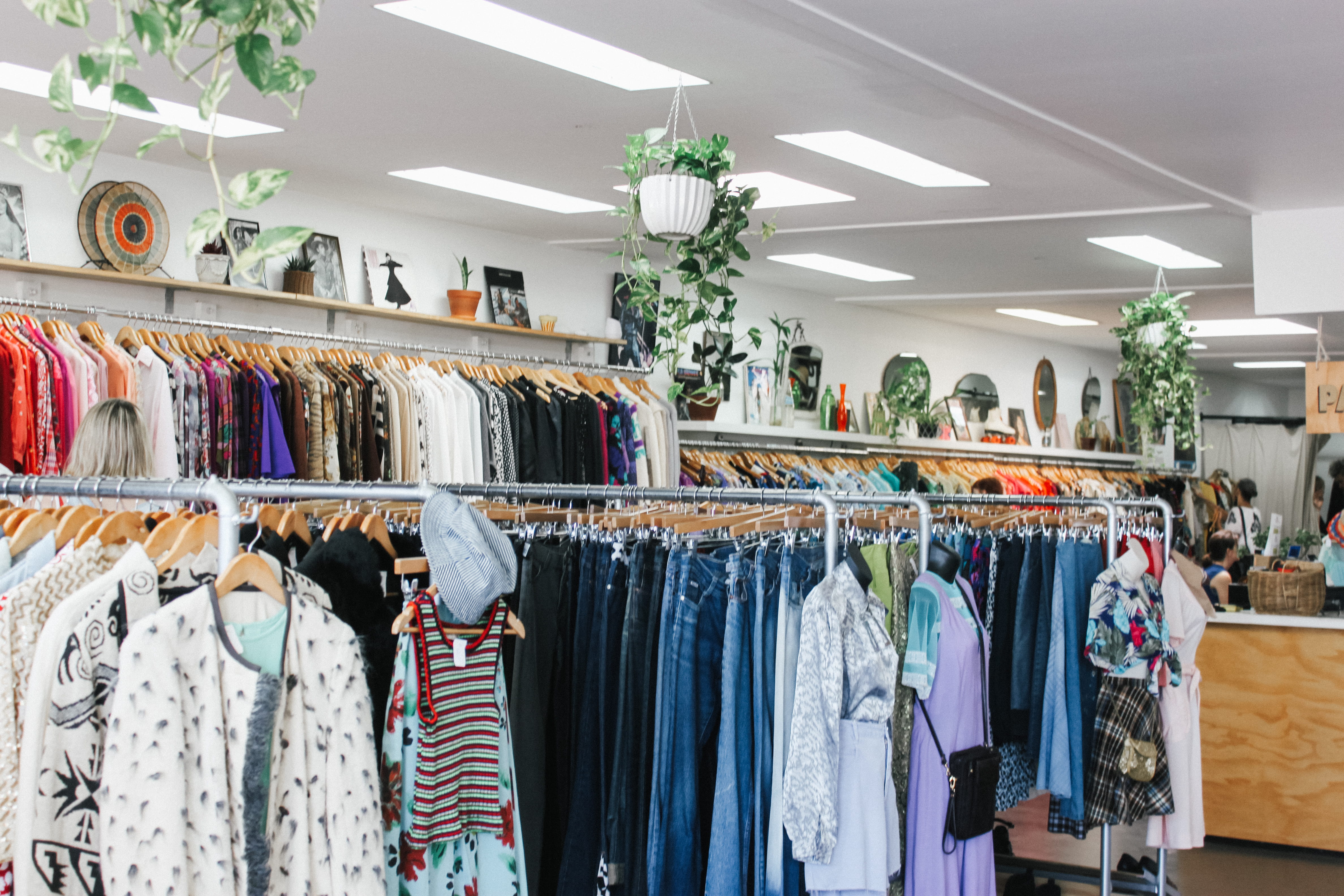 4K, retail display, hanging, color, business, clothing store, clothes rack, store, hat, lights, large group of objects, choice, luxury, apparel, retail, HD Wallpaper