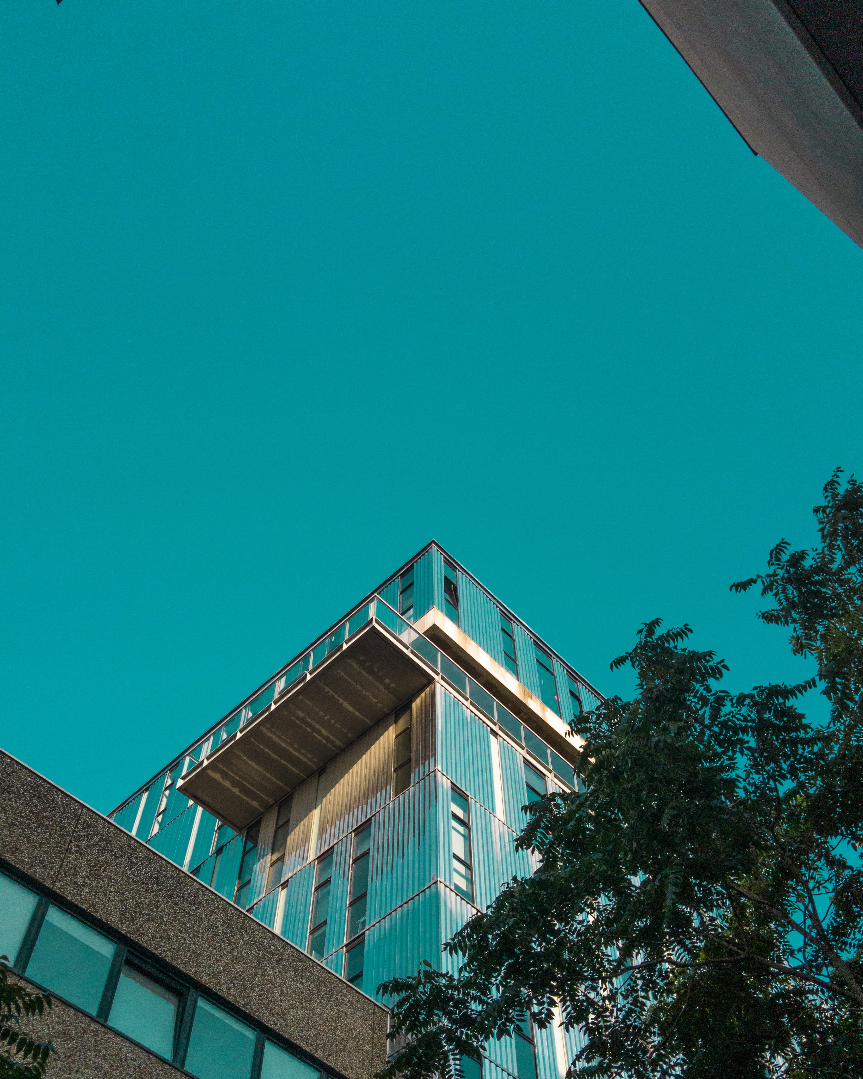 window, clear sky, residential district, outdoors, low angle view, day, corner, plant, house, built structure, turquoise colored, no people, france, nantes, Phone HD Wallpaper