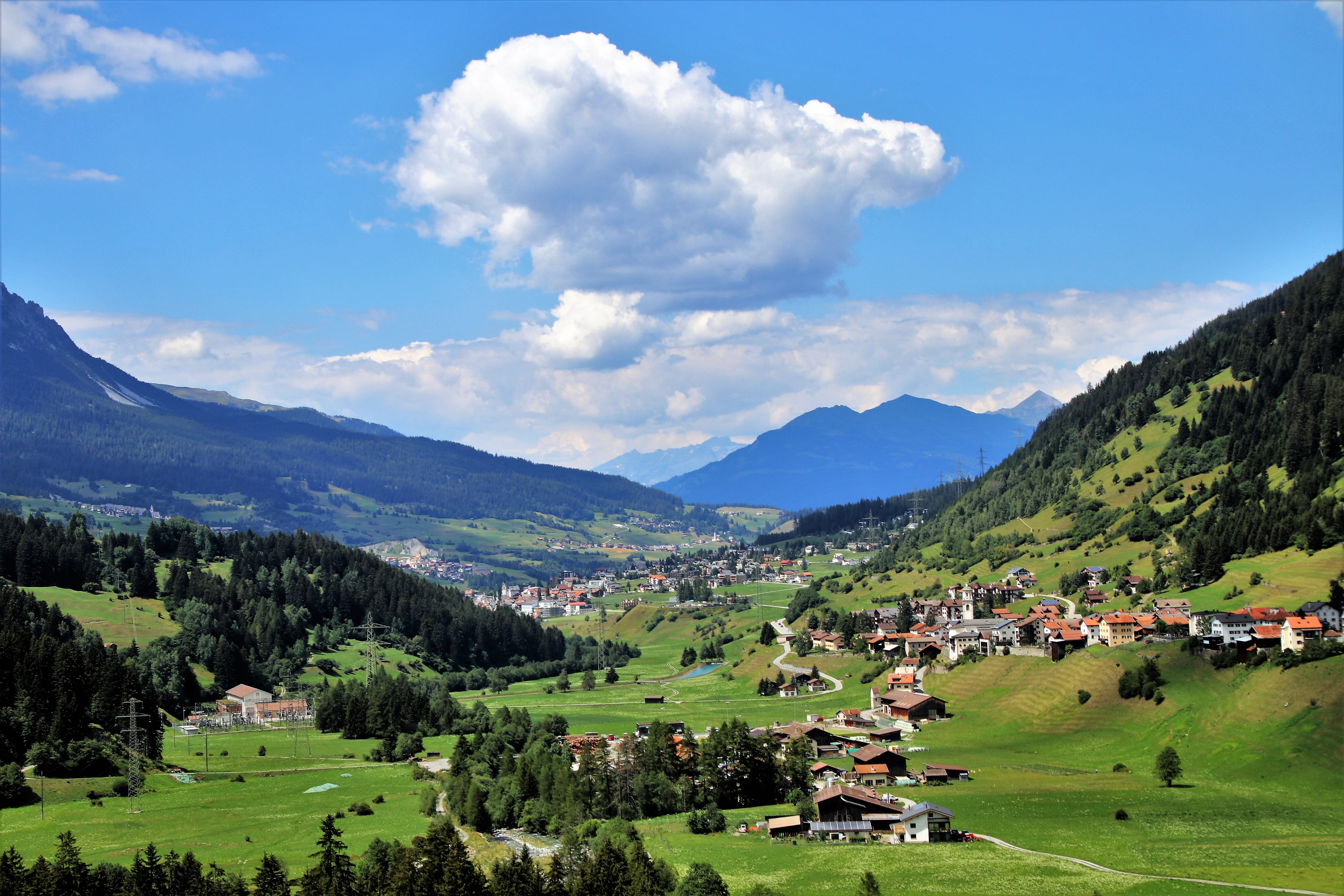 plant, tree, view, the height of the, meadows, mountain, sky, no people, 5K, outdoors, field, cloud - sky, panorama, alpine village, scenery, idyllic, HD Wallpaper