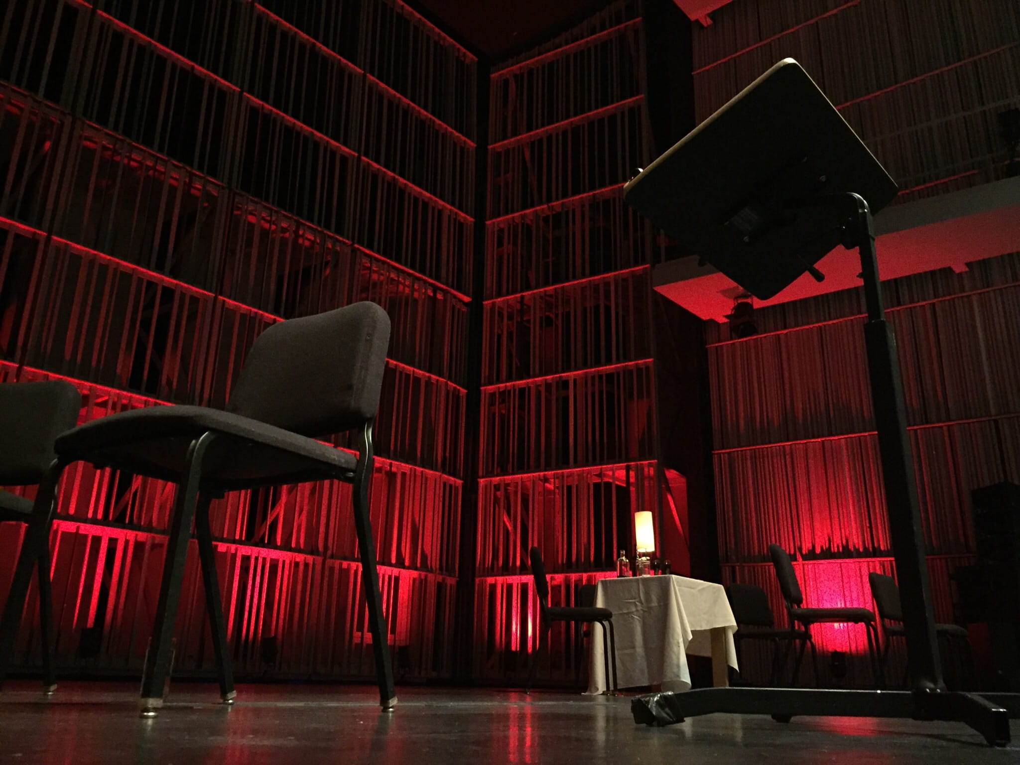 red, stage, indoors, hanging, large group of objects, no people, stage - performance space, performance, table, chair, podium, flooring, lighting equipment, HD Wallpaper