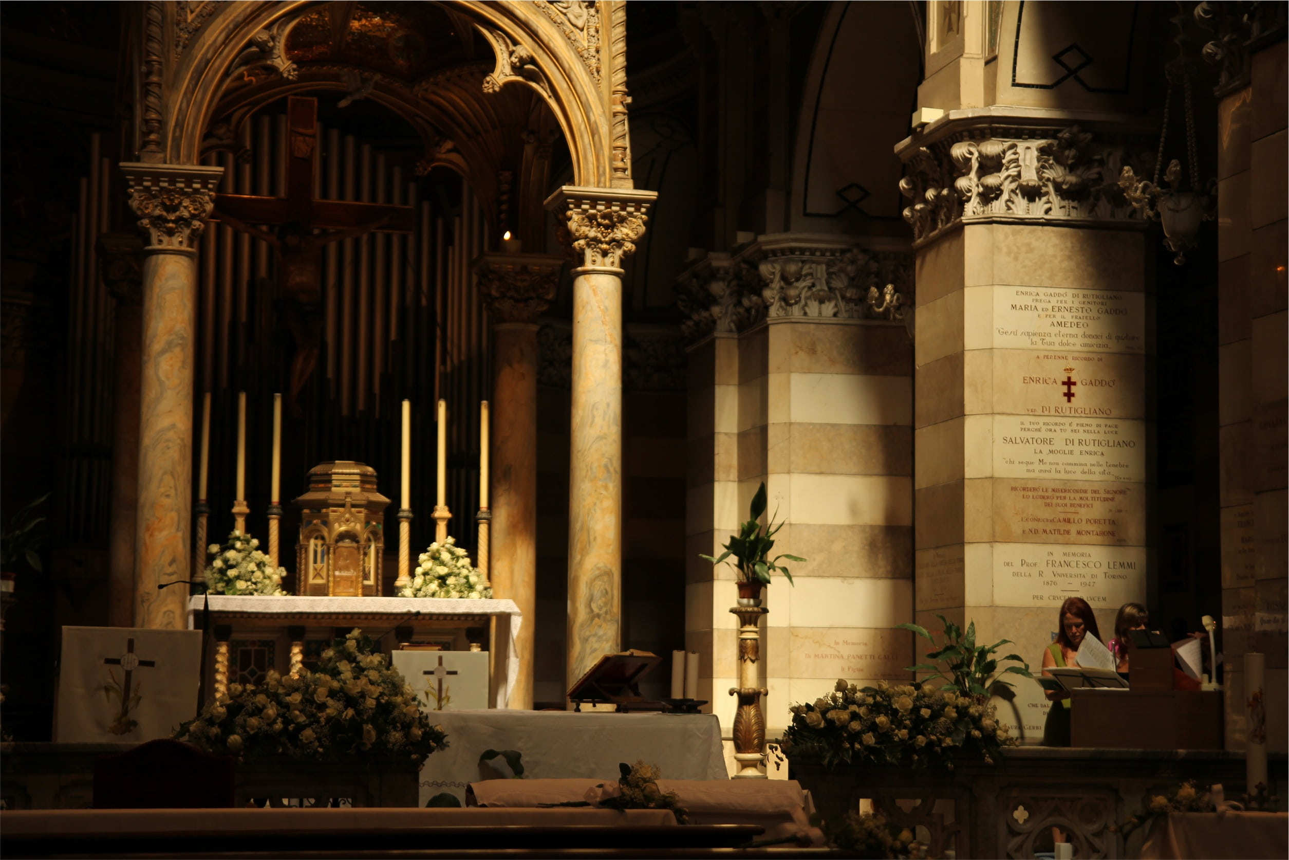reading, ornate, architecture, belief, built structure, building, altar, history, spirituality, religion, day, architectural column, candle, woman, potted plant, HD Wallpaper