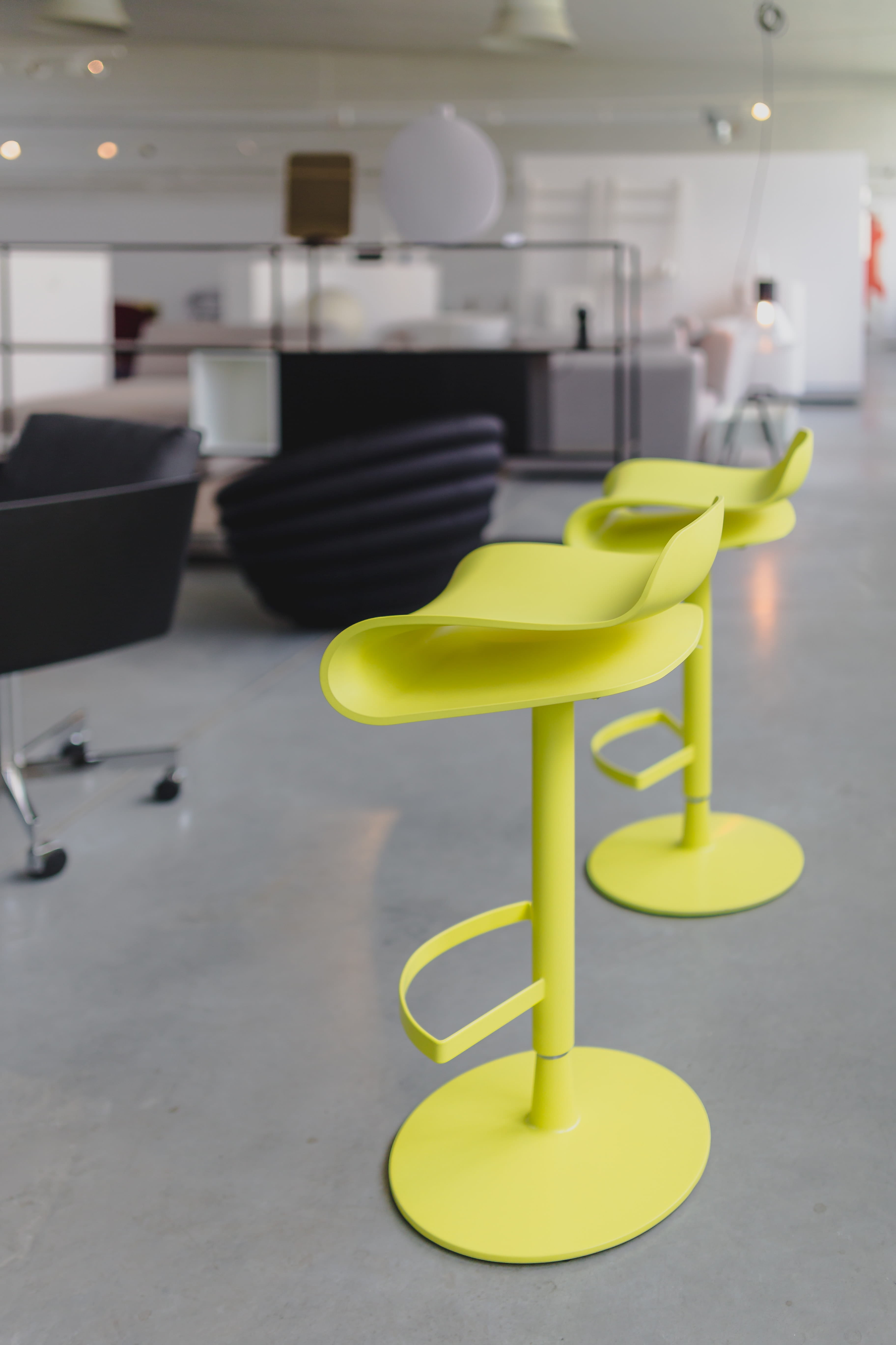 illuminated, lime, yellow, bar, tall, stool, empty, furniture, business, in a row, focus on foreground, contemporary, architecture, bar chair, luxury, seat, Phone HD Wallpaper
