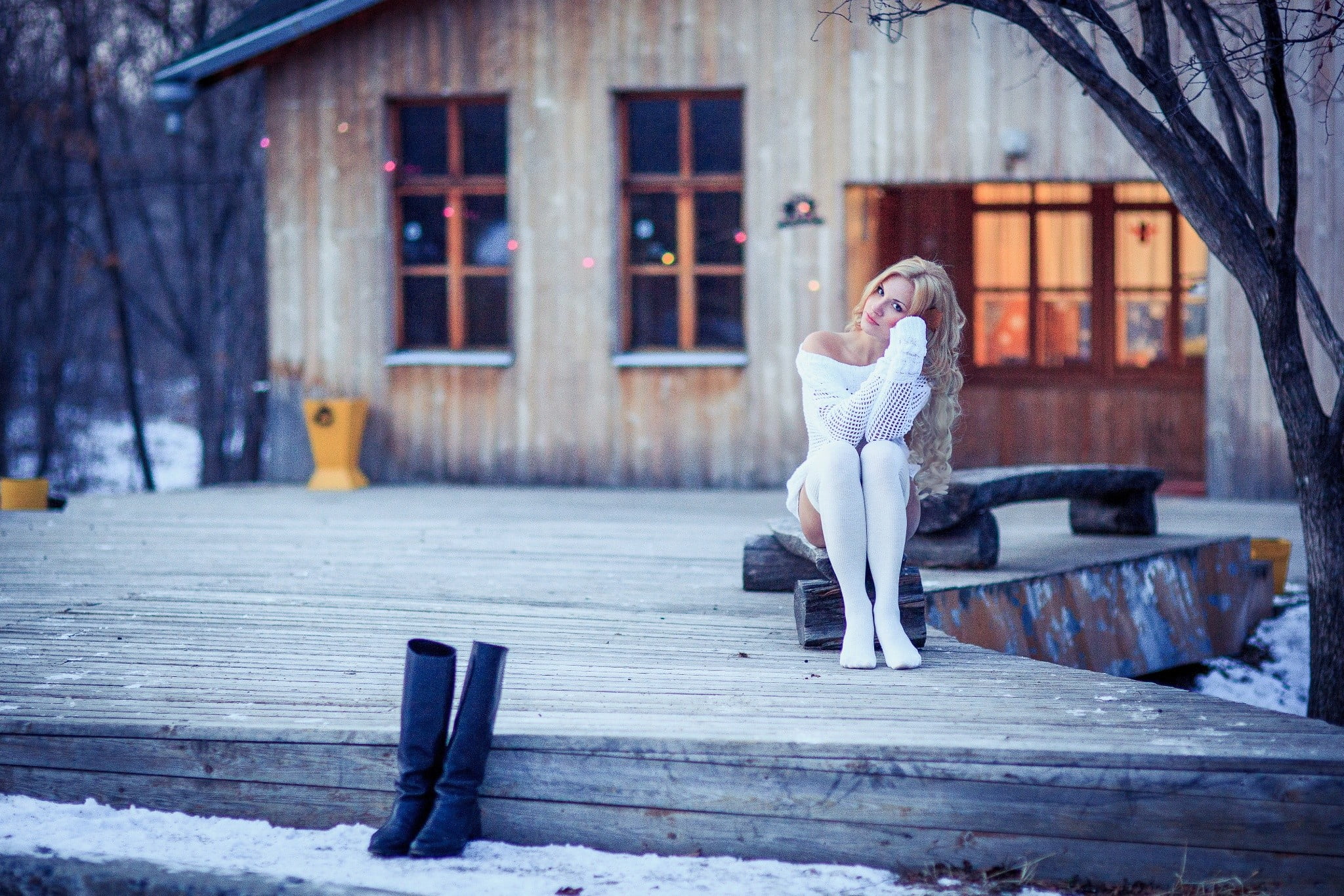 full length, beauty, knee-highs, model, clothing, warm clothing, sitting, white clothing, winter, one person, emotion, architecture, hair, young adult, HD Wallpaper