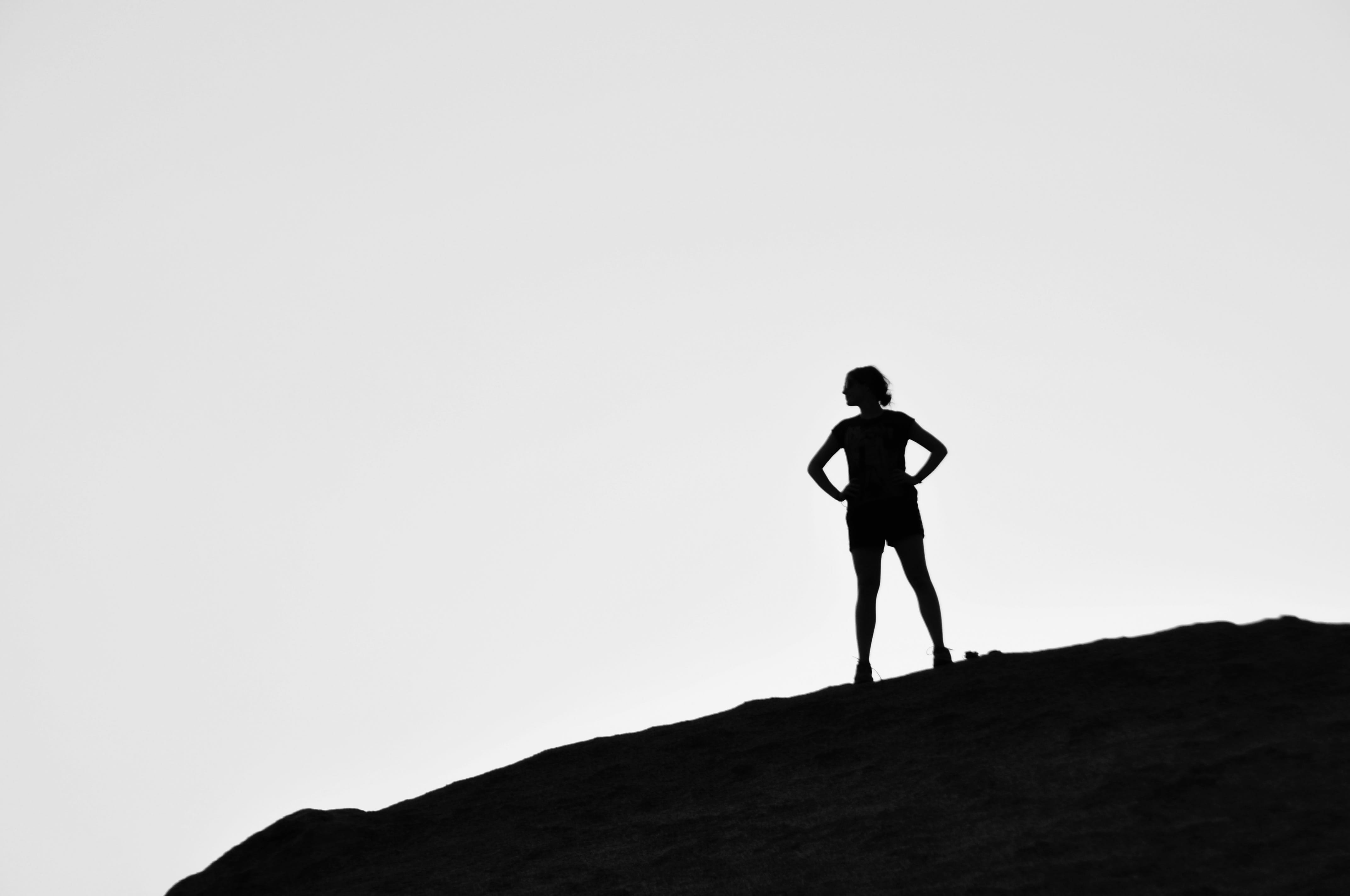 woman, real people, copy space, full length, nature, dusk, clear sky, silhouette, mountain, leisure activity, rock - object, hiking, rock, women, 4K, outdoors, HD Wallpaper