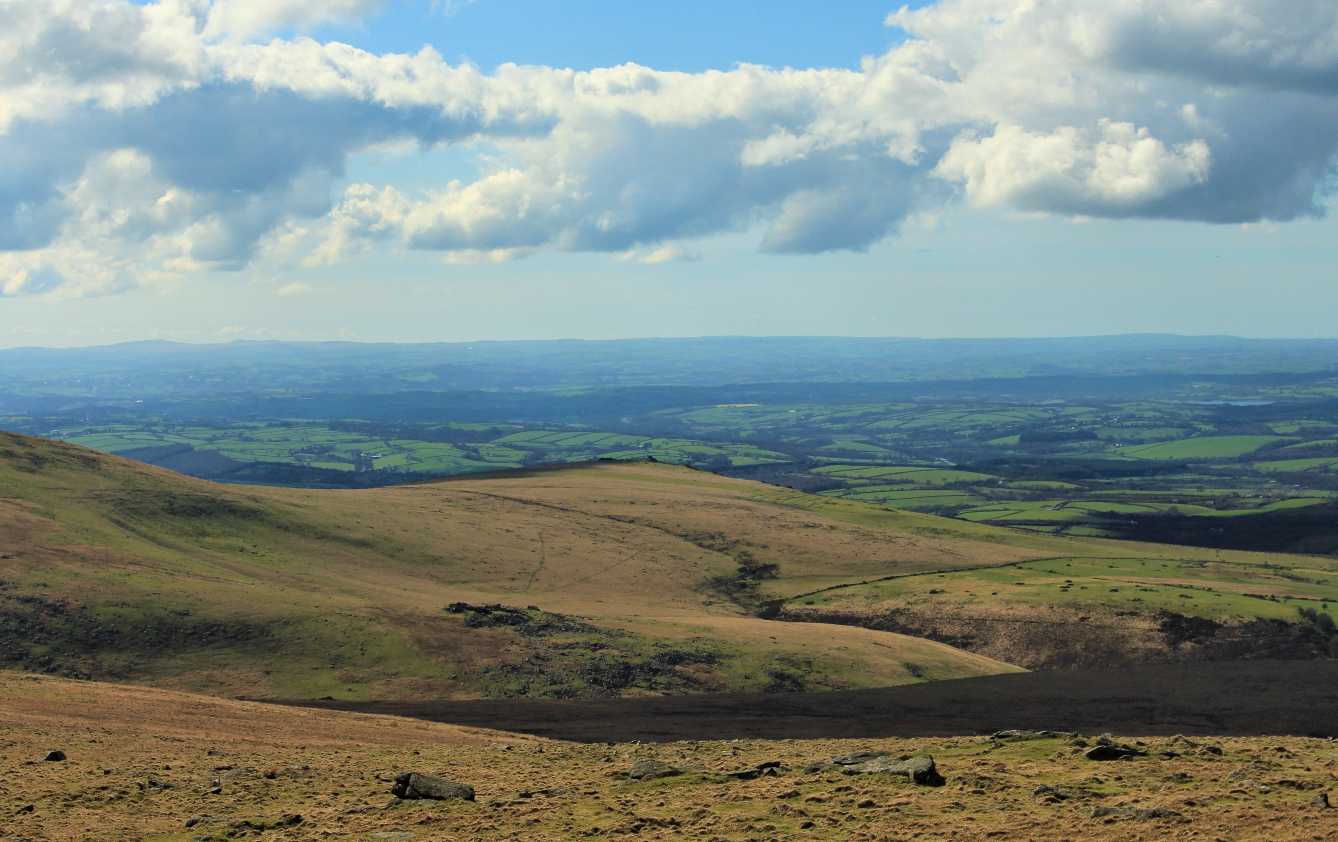4K, idyllic, land, hiking, cloud - sky, countryside, rural scene, sky, green color, devon, landscape, tranquility, moorland, nature, tranquil scene, plant, HD Wallpaper