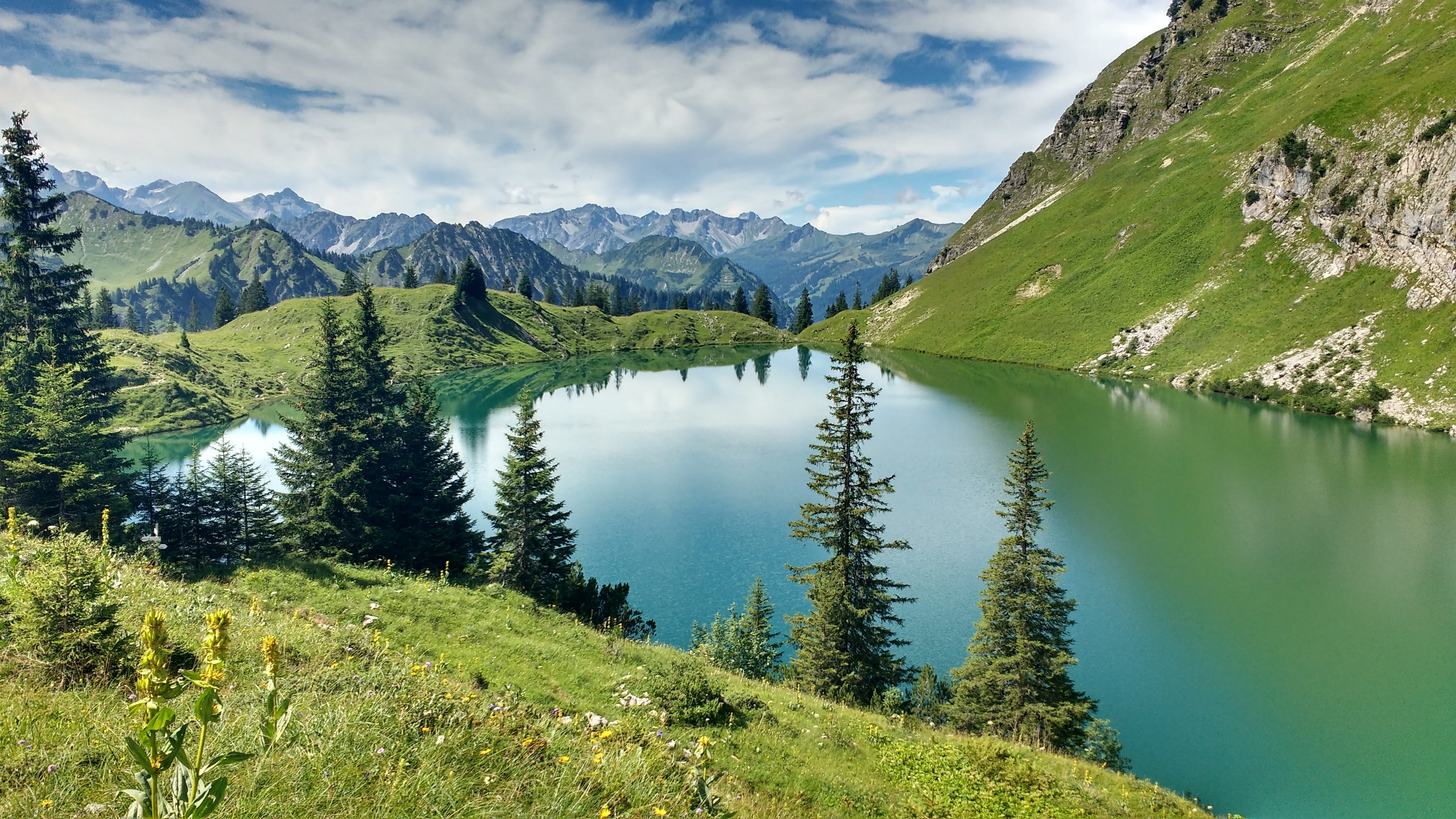coniferous tree, mountain range, summer, tranquil scene, 4K, scenics - nature, water, idyllic, lake, allgäu, beauty in nature, mountain, non-urban scene, HD Wallpaper