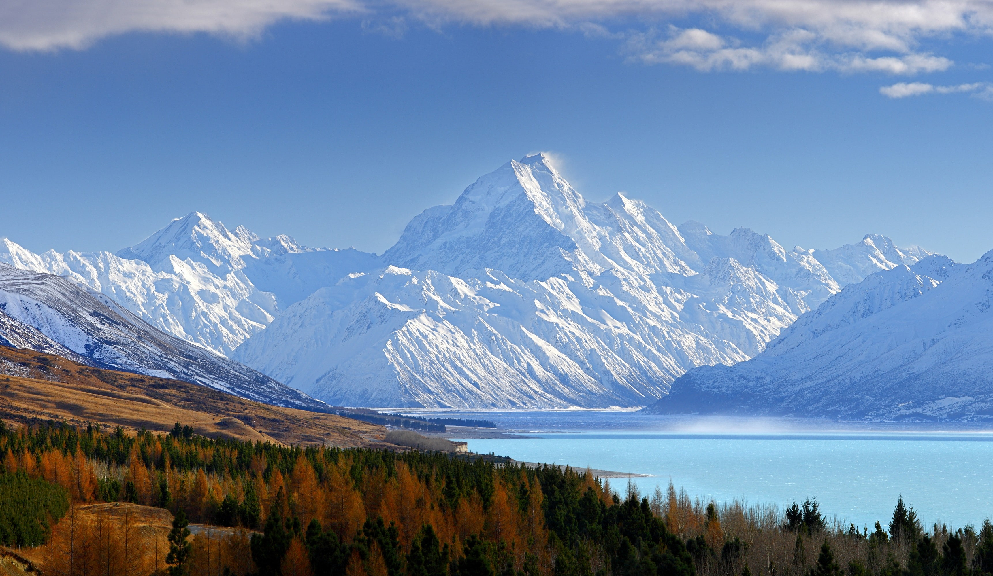 2K, forest, lake, mountains, snowy mountain, fall, snow, HD Wallpaper