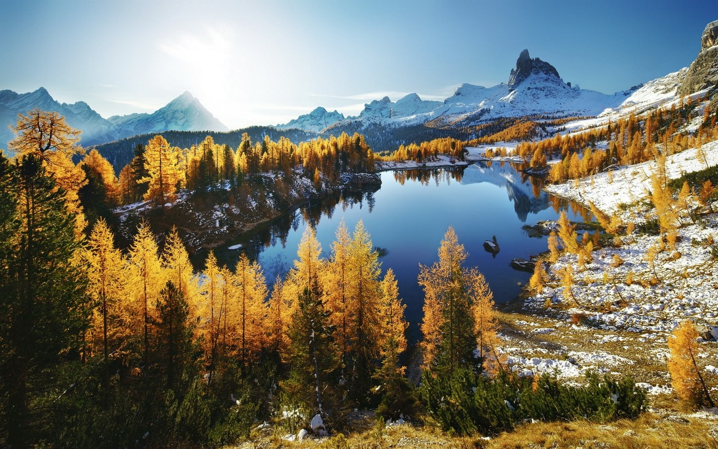 snow, mountains, fall, lake, blue, water, landscape, nature, trees, Dolomites (mountains), forest, 720P, HD Wallpaper
