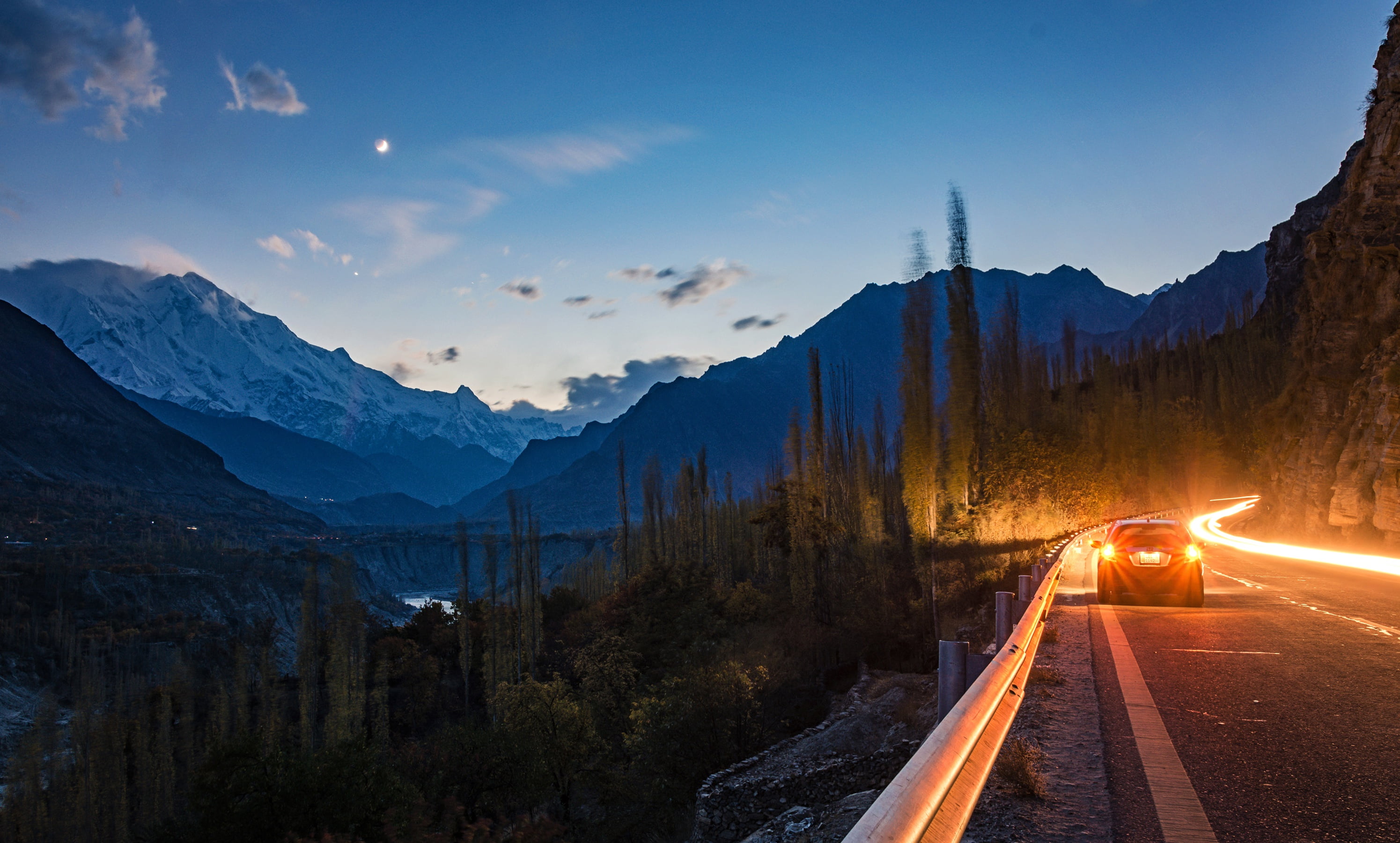canyon, transportation, the evening, tree, nature, Pakistan, Hunza, long exposure, mountain, sunset, cloud - sky, trees, beauty in nature, mountains, black, HD Wallpaper